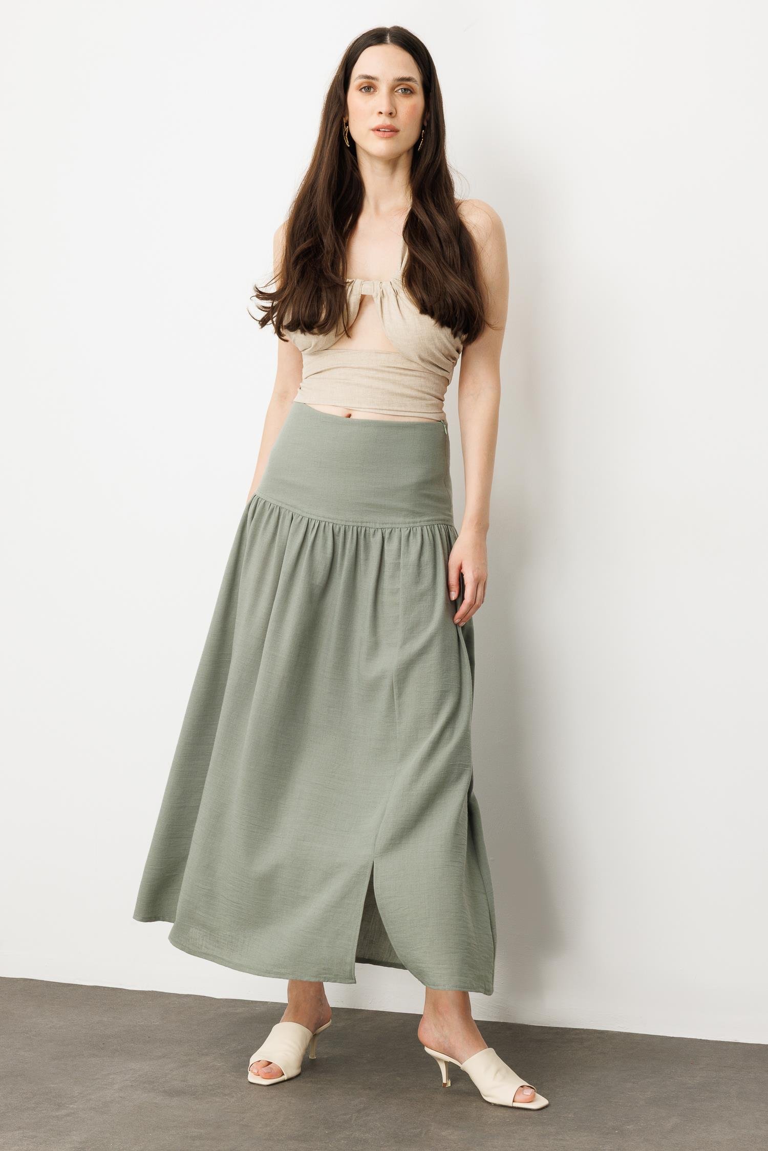 Korsajlı Büzgülü Uzun Etek-HAKİ