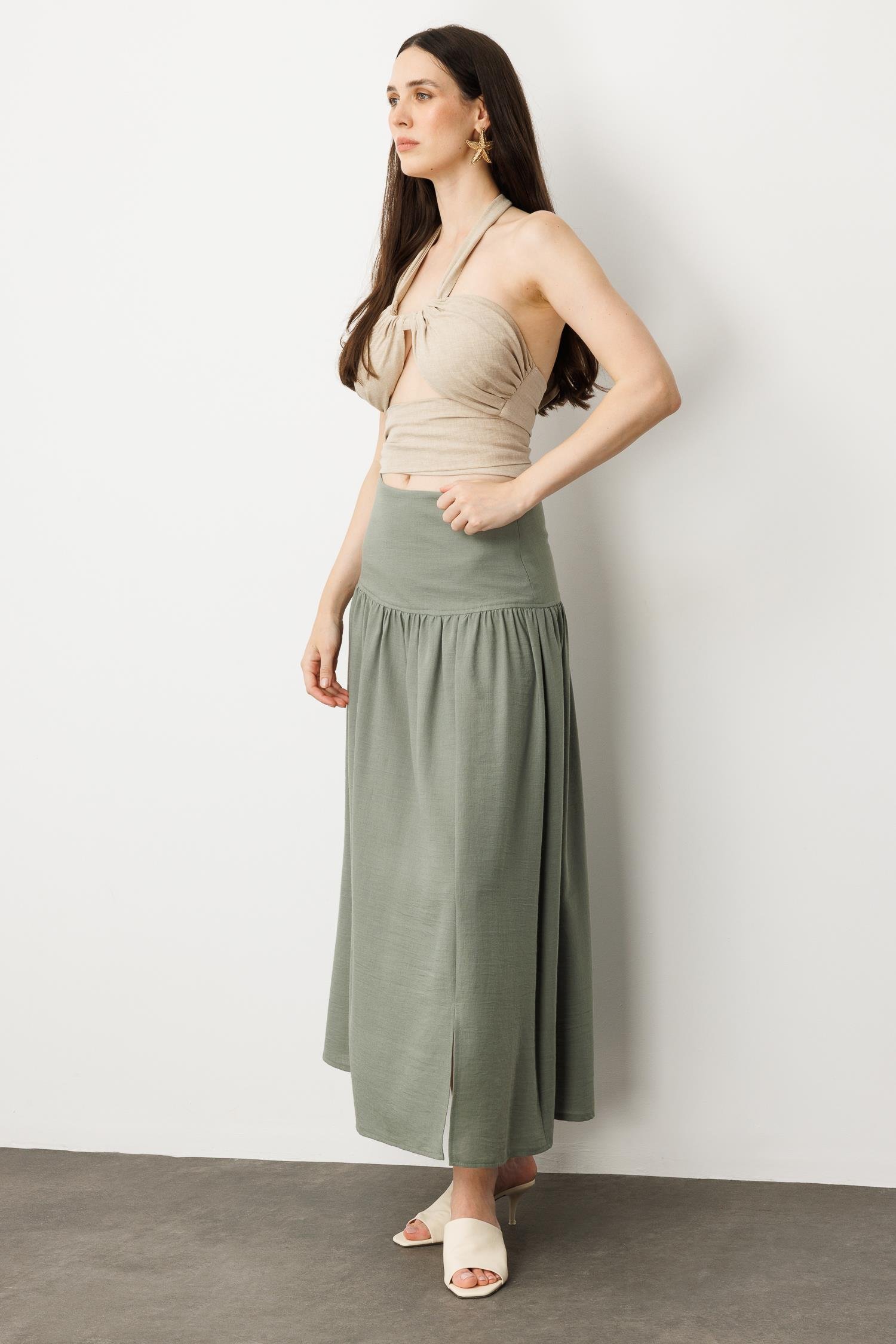 Korsajlı Büzgülü Uzun Etek-HAKİ