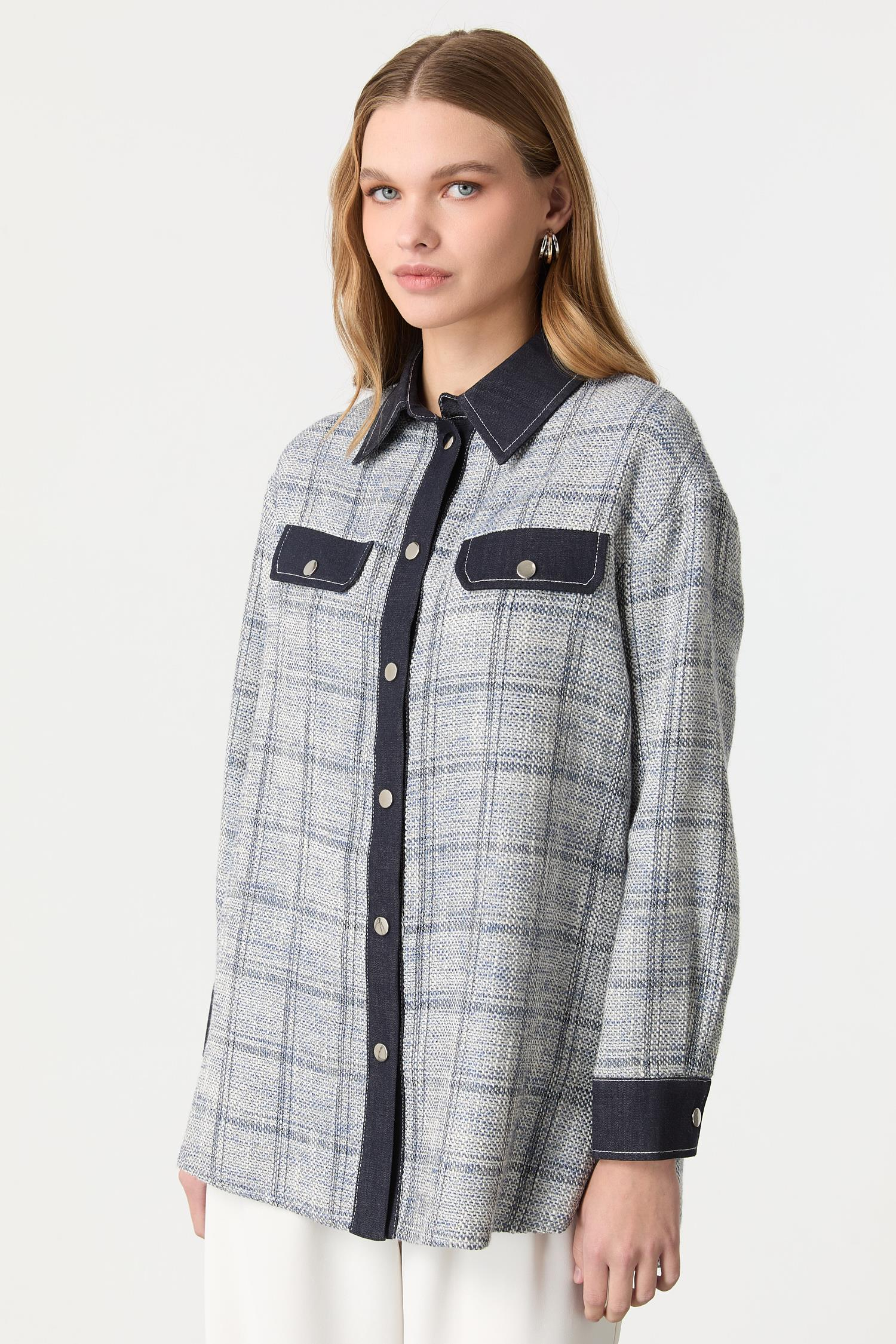 Kot Detaylı Ekose Gömlek-MAVİ