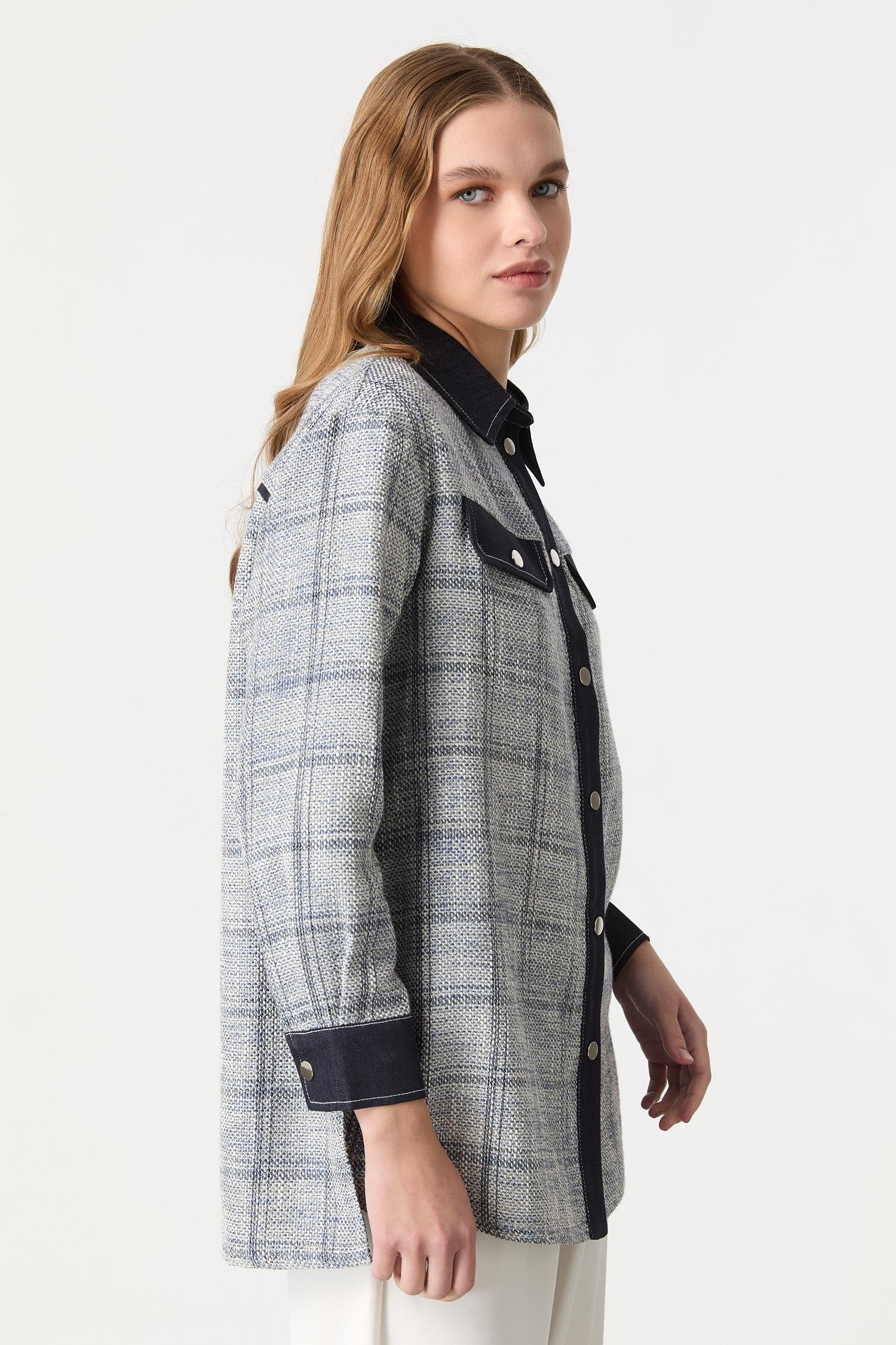 Kot Detaylı Ekose Gömlek-MAVİ