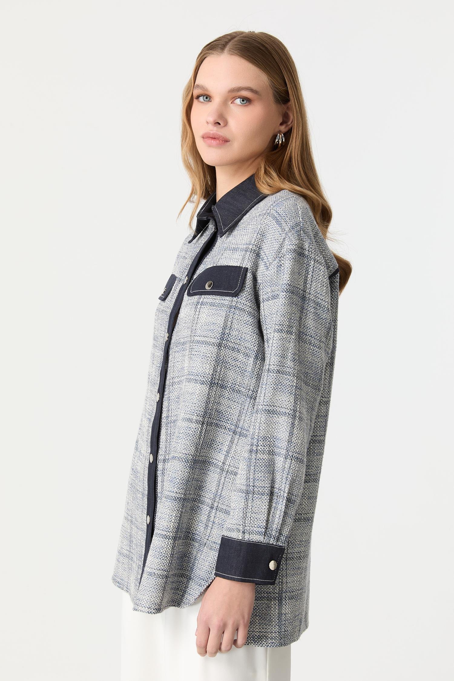 Kot Detaylı Ekose Gömlek-MAVİ