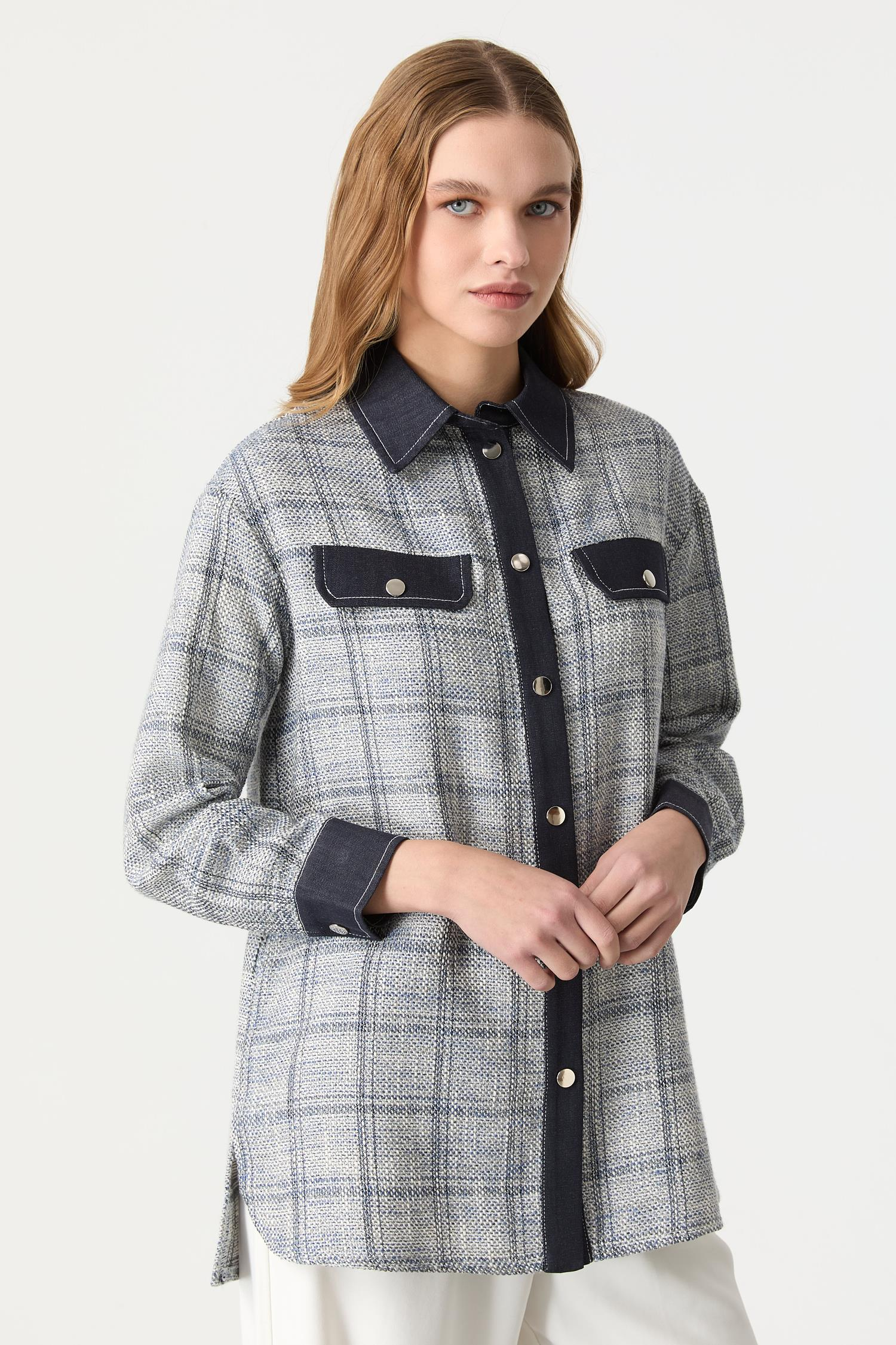 Kot Detaylı Ekose Gömlek-MAVİ