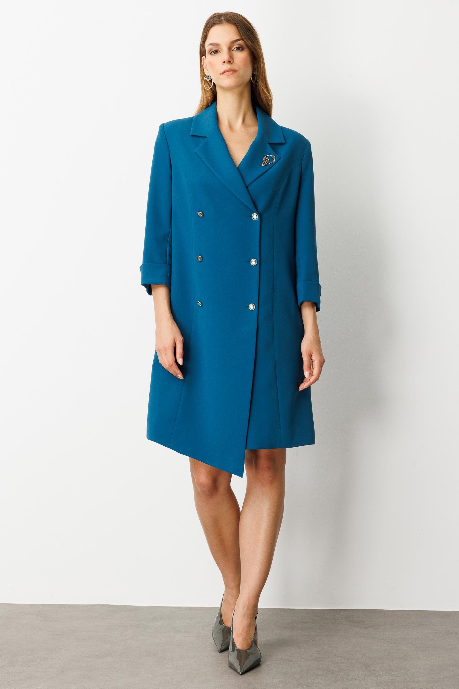 Kruvaze Yaka Düğmeli Ceket Elbise-SİYAH-PETROL