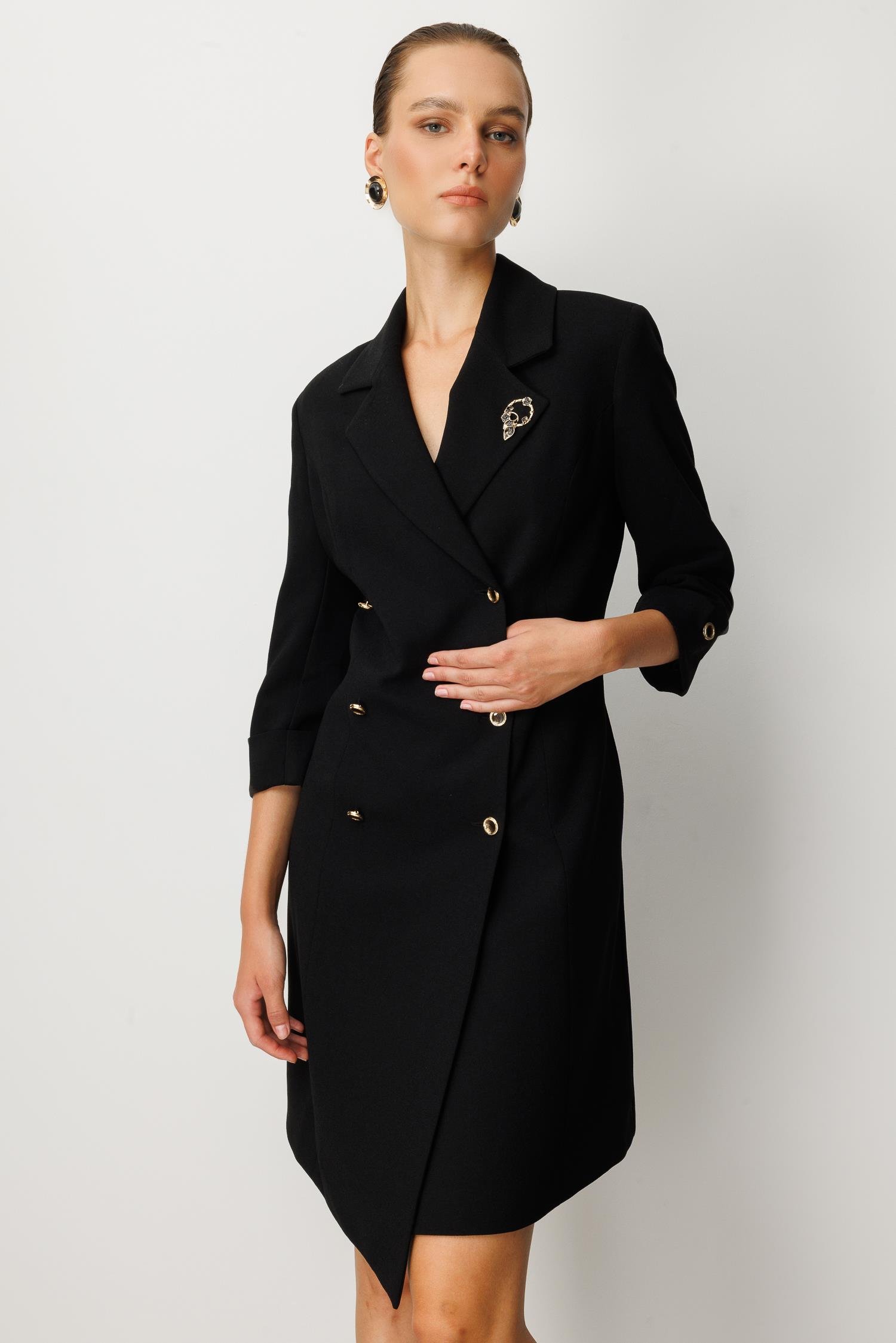 Kruvaze Yaka Düğmeli Ceket Elbise-SİYAH