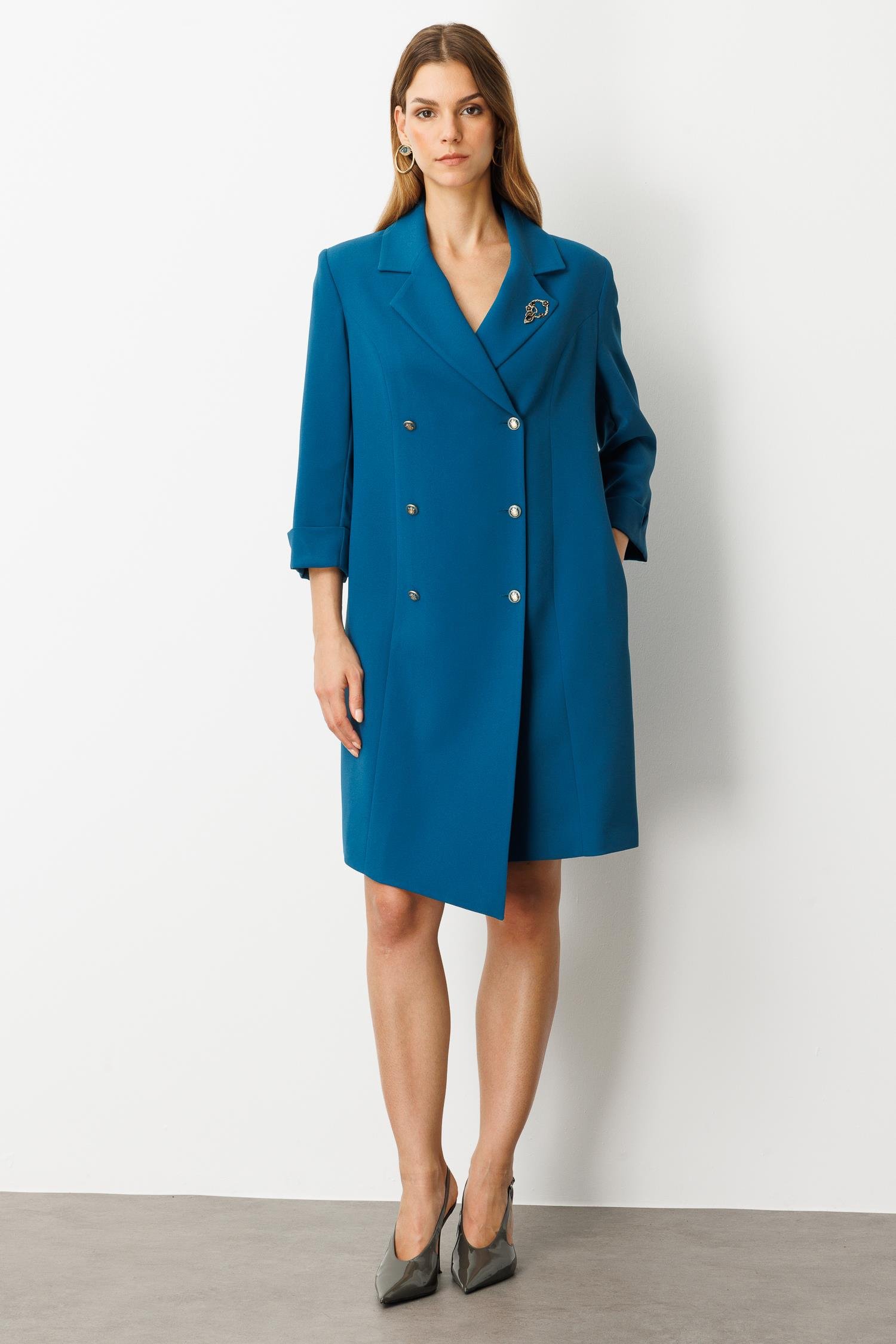 Kruvaze Yaka Düğmeli Ceket Elbise-SİYAH-PETROL