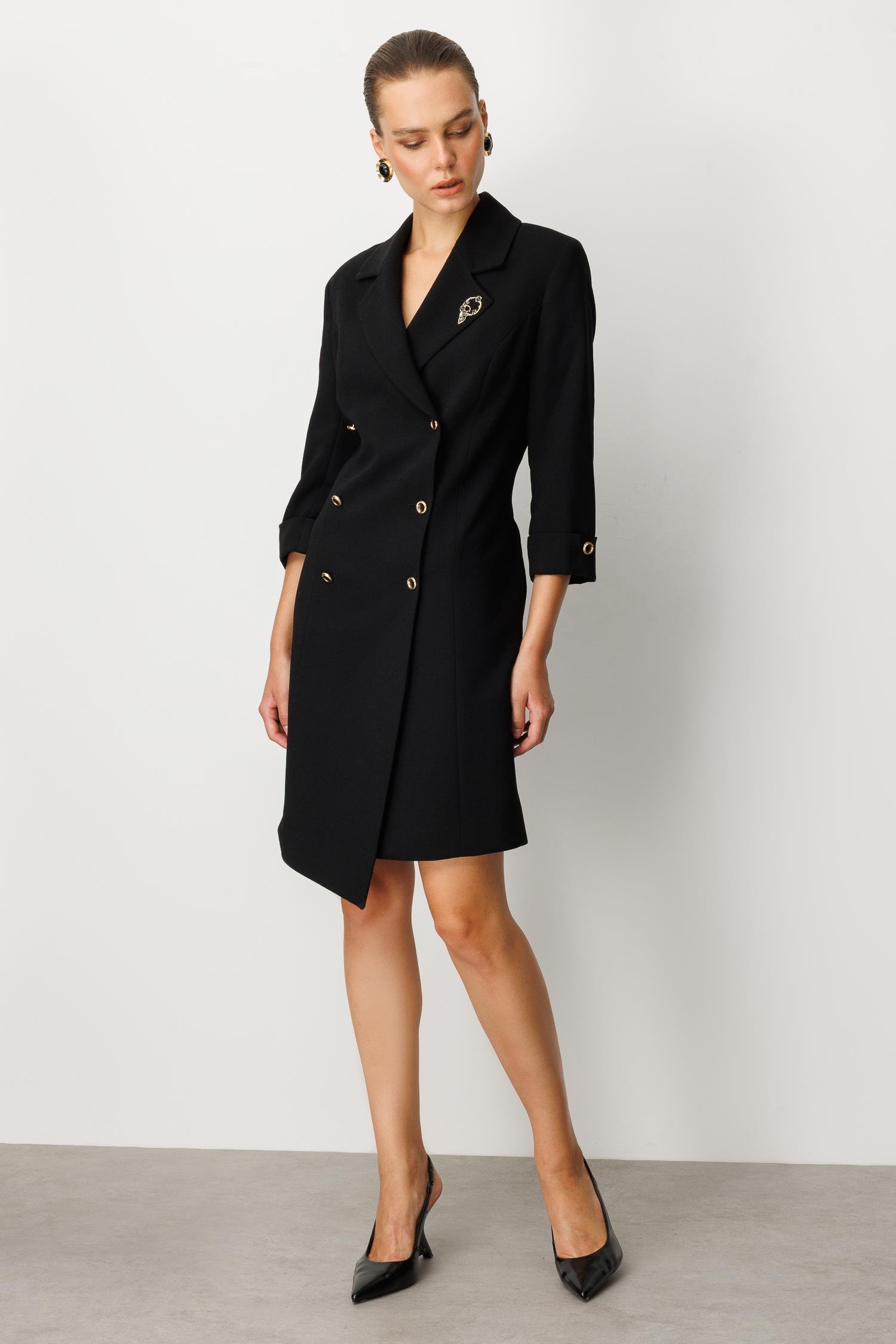 Kruvaze Yaka Düğmeli Ceket Elbise-SİYAH