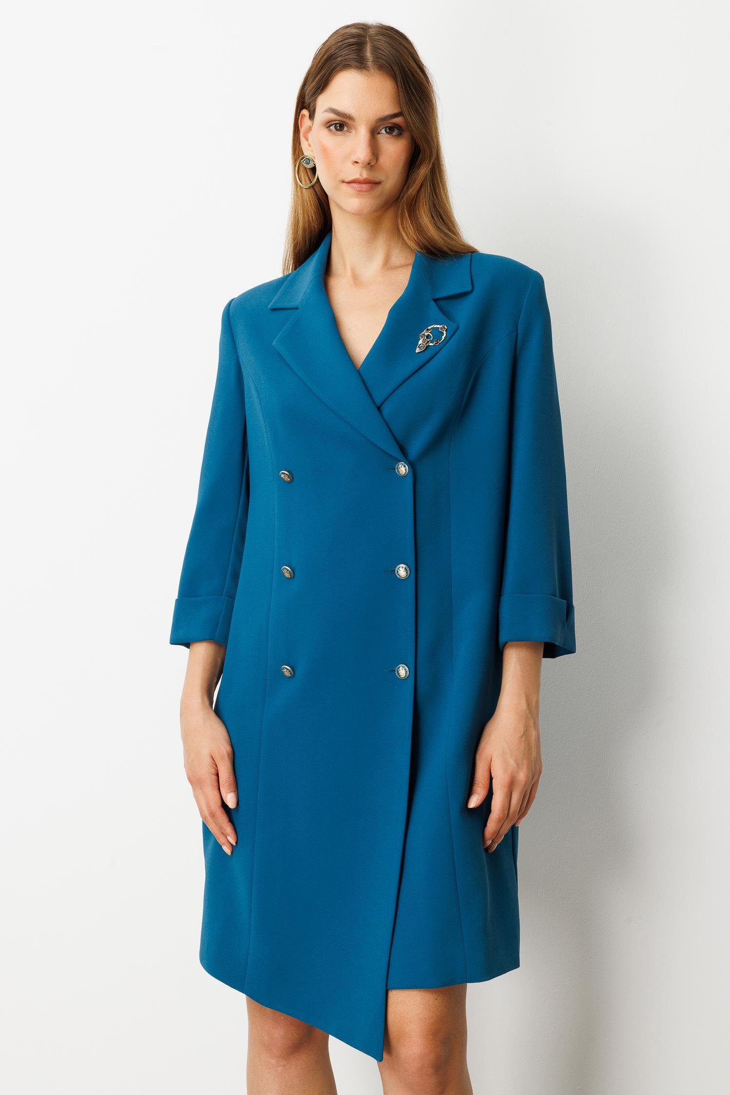 Kruvaze Yaka Düğmeli Ceket Elbise-SİYAH-PETROL