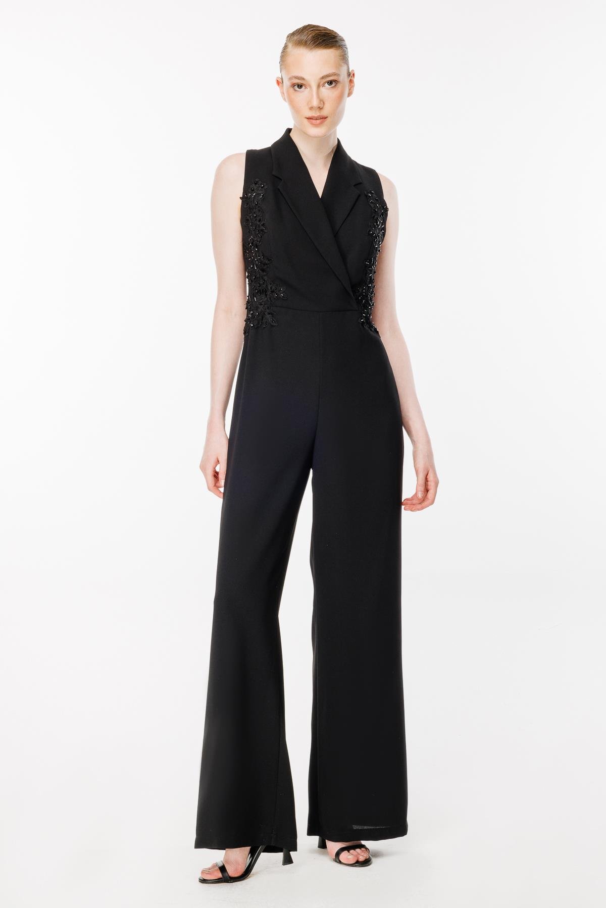 Kruvaze Yaka Güpür Detaylı Abiye Tulum - SİYAH