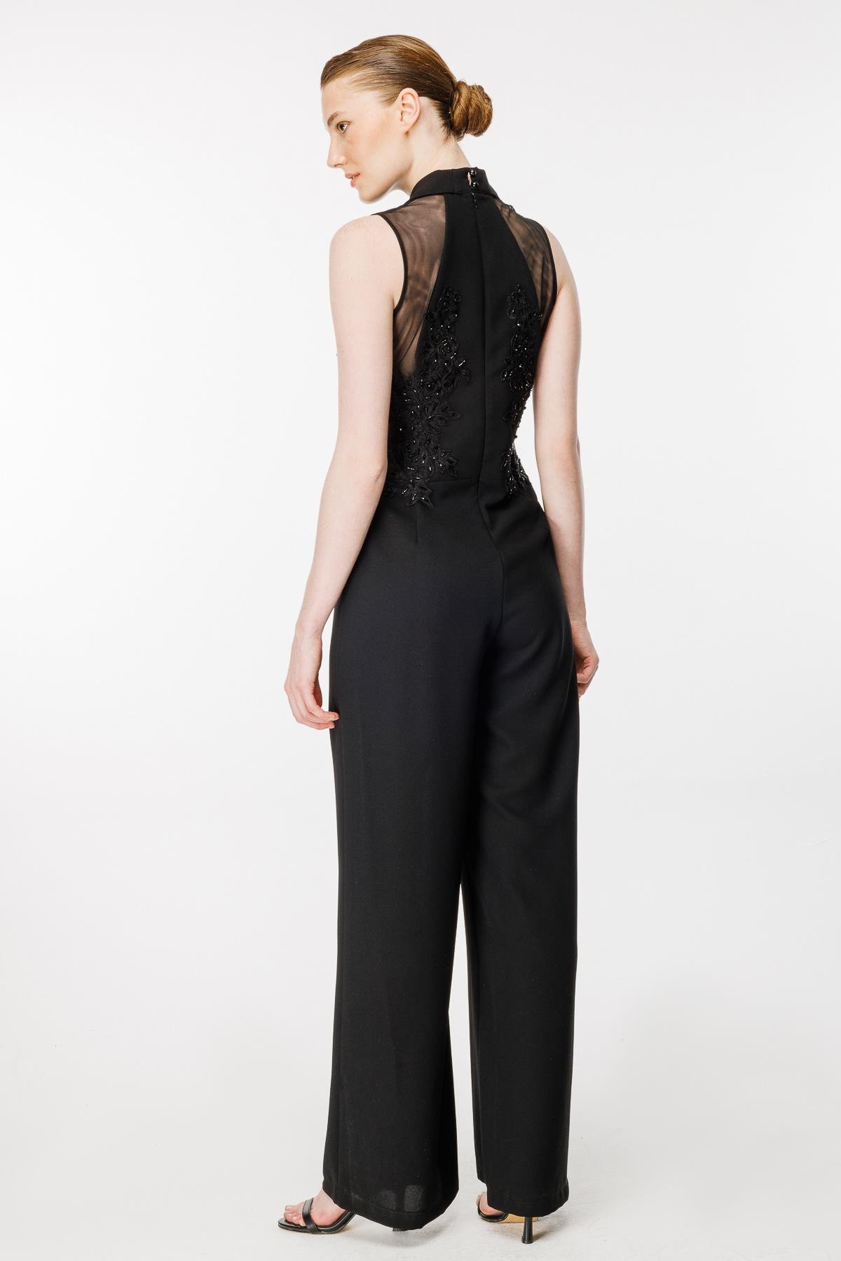 Kruvaze Yaka Güpür Detaylı Abiye Tulum - SİYAH