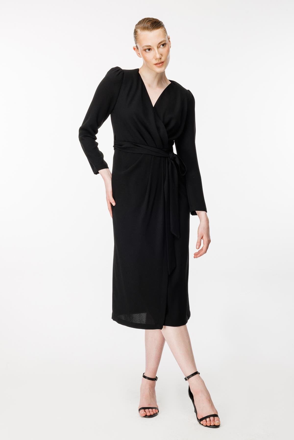 Kruvaze Yaka Kemerli Abiye Elbise - SİYAH