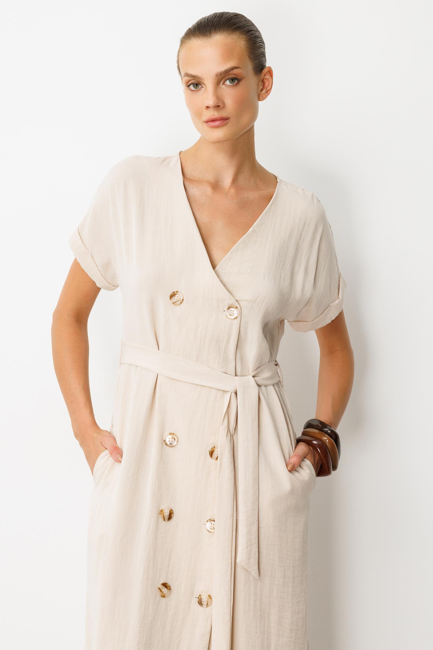 Kruvaze Yaka Keten Görünümlü Elbise-TAŞ