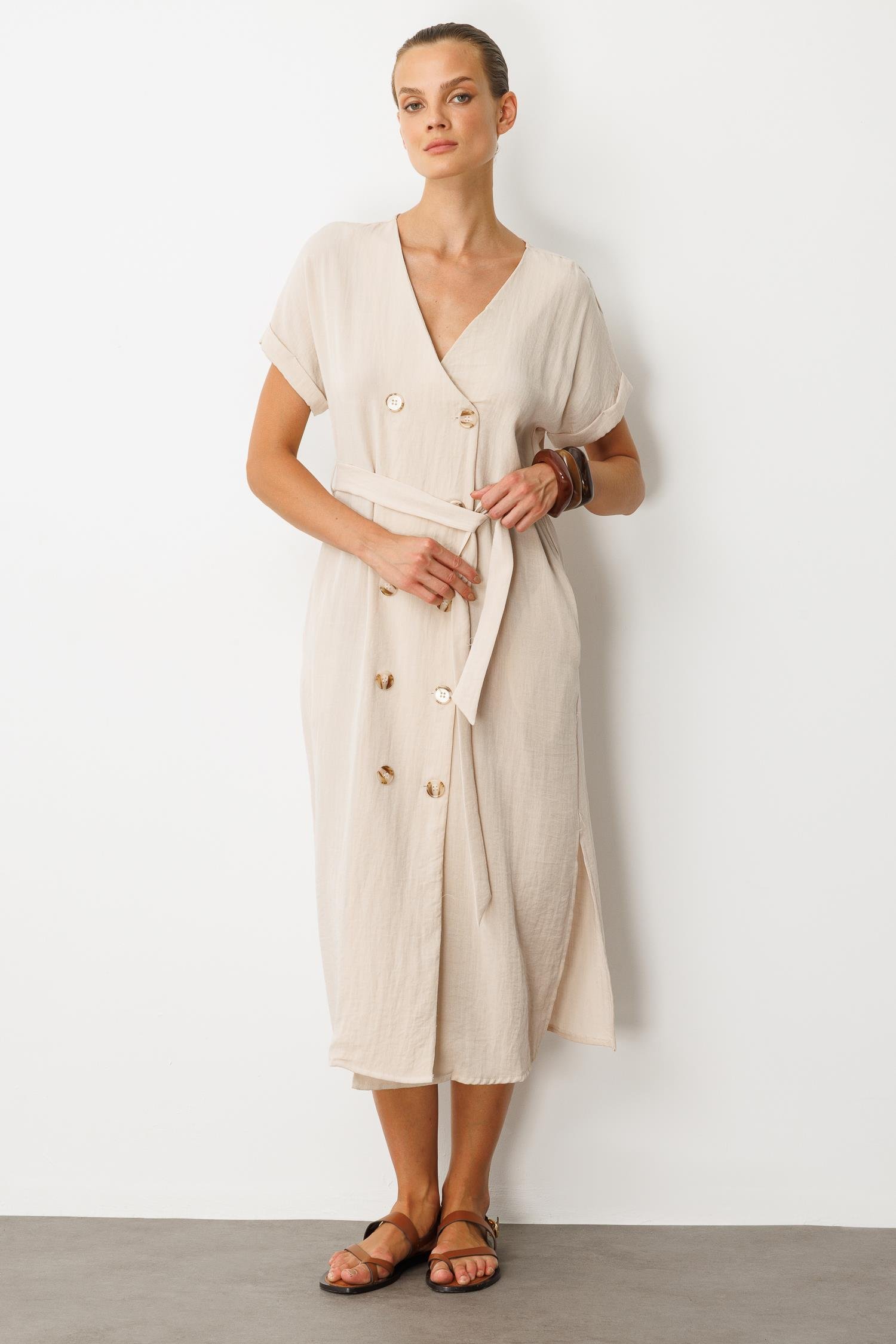 Kruvaze Yaka Keten Görünümlü Elbise-TAŞ