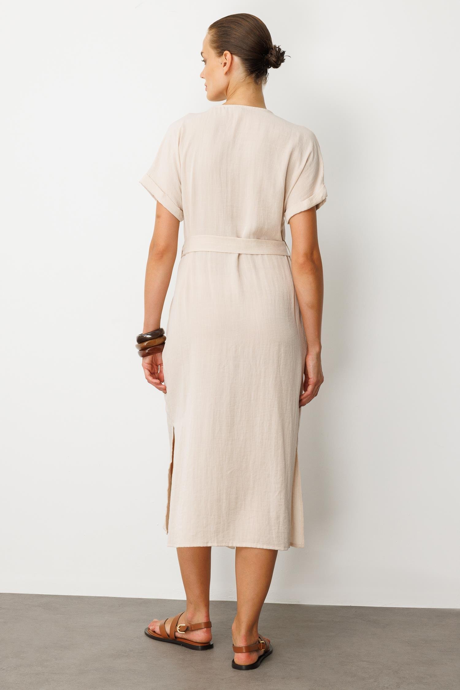 Kruvaze Yaka Keten Görünümlü Elbise-TAŞ