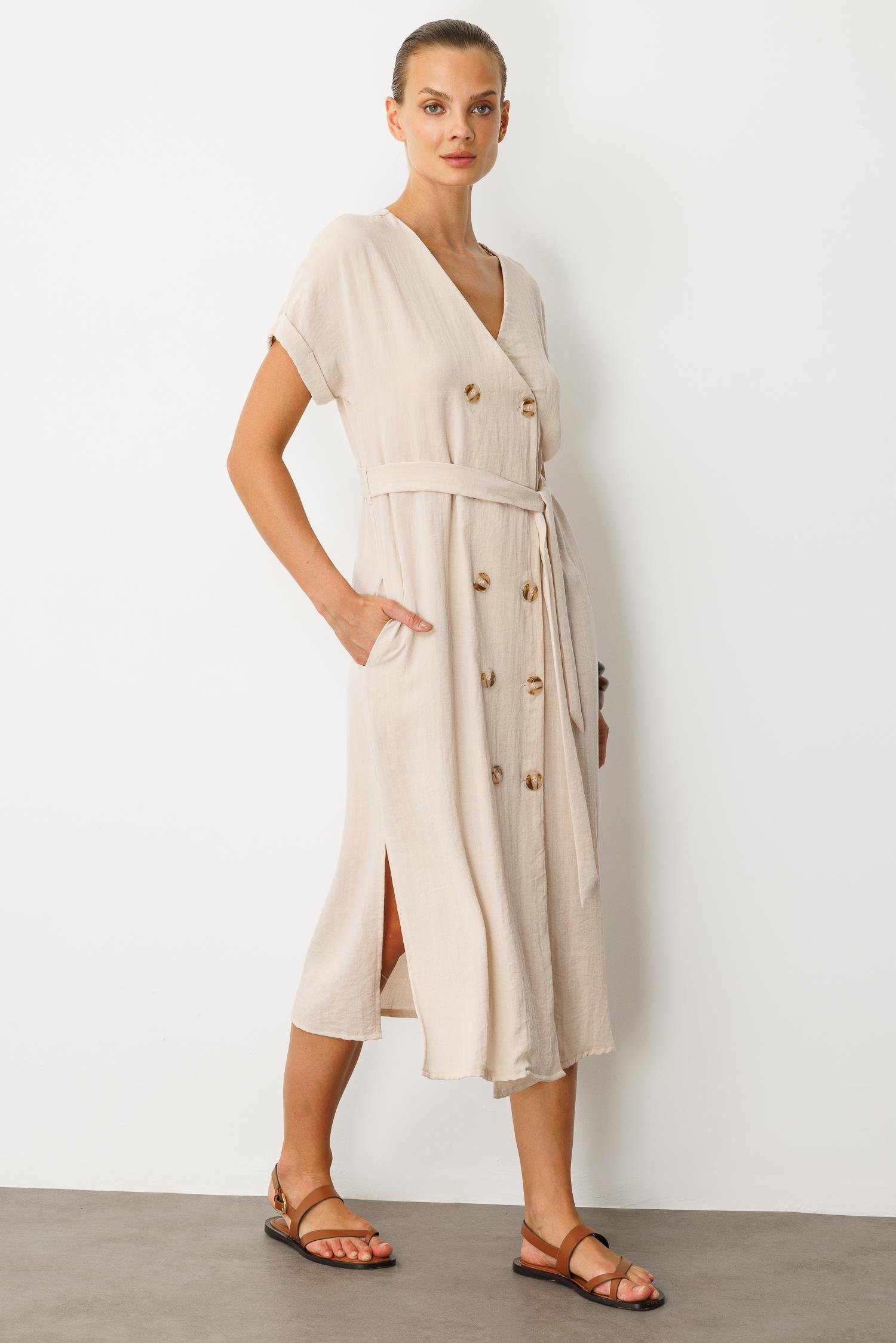 Kruvaze Yaka Keten Görünümlü Elbise-TAŞ