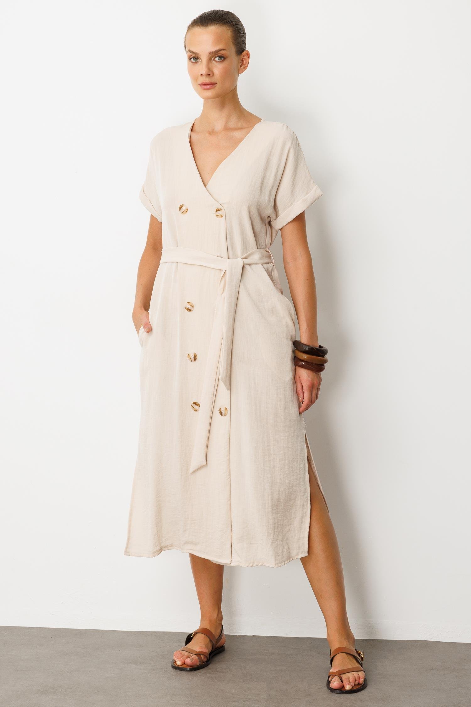 Kruvaze Yaka Keten Görünümlü Elbise-TAŞ