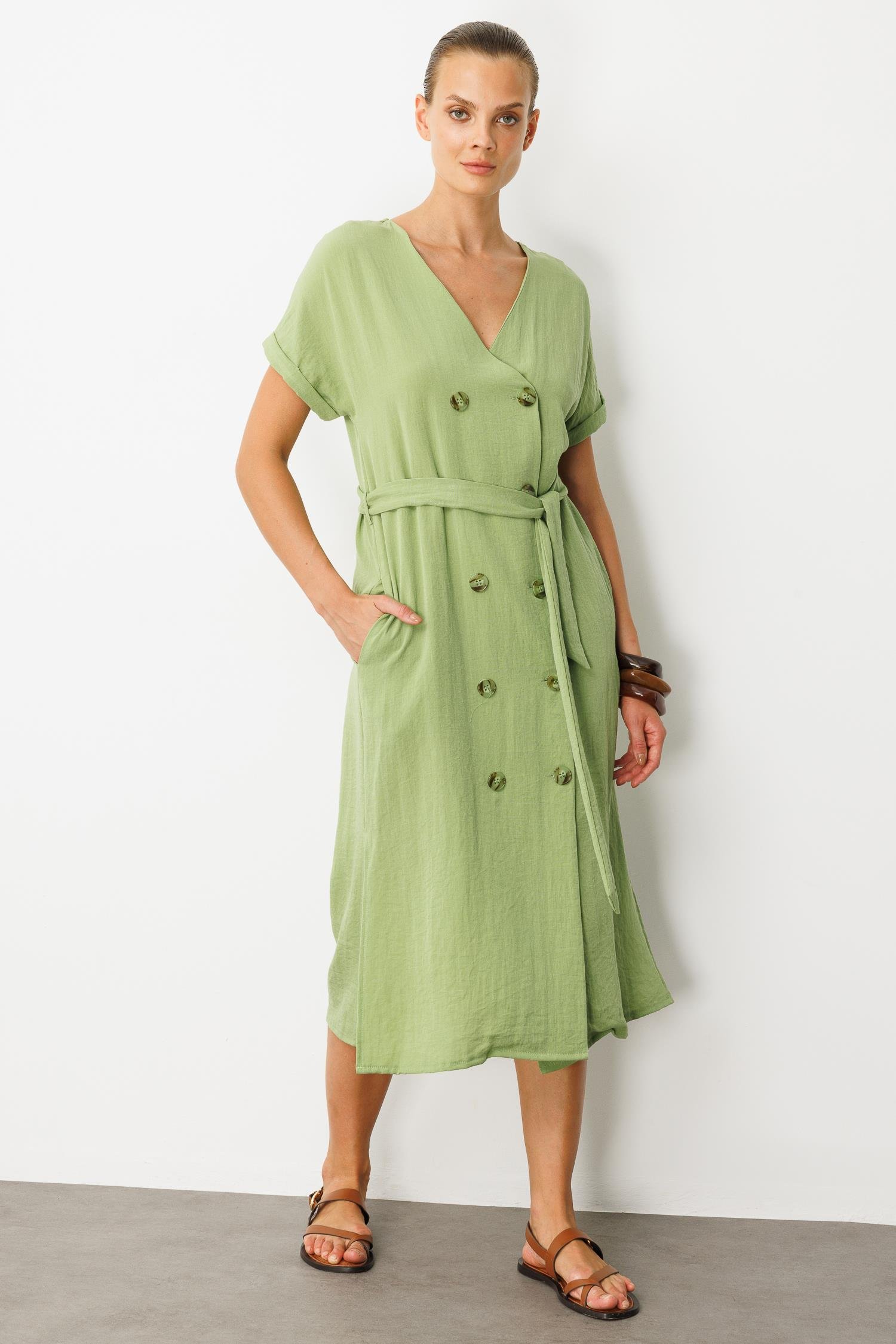 Kruvaze Yaka Keten Görünümlü Elbise-YEŞİL