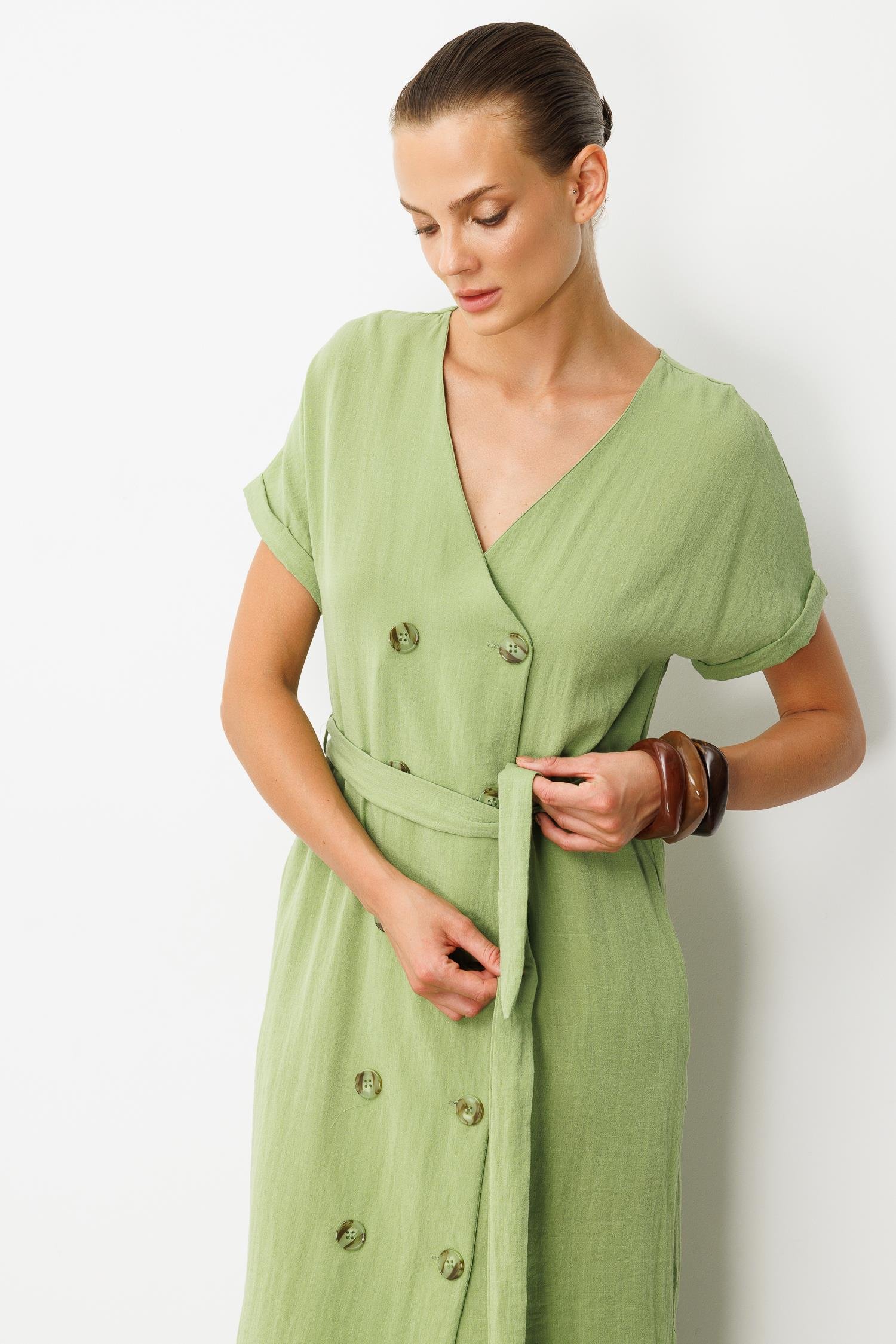 Kruvaze Yaka Keten Görünümlü Elbise-YEŞİL