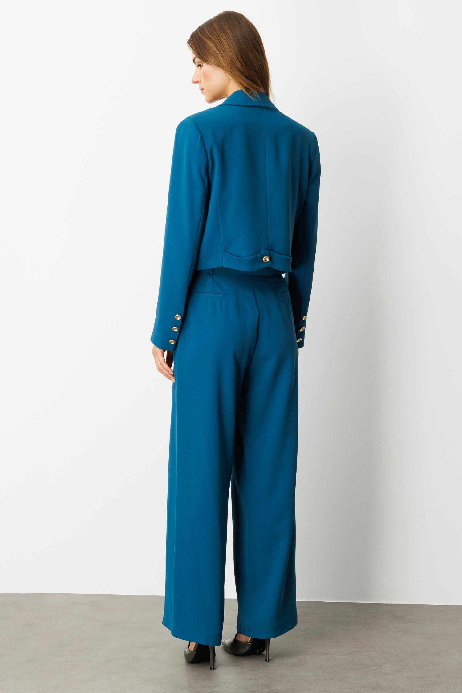 Kruvaze Yaka Kısa Ceket-PETROL