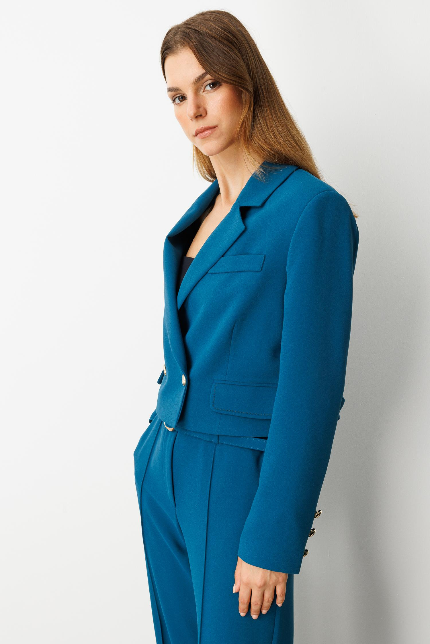 Kruvaze Yaka Kısa Ceket-PETROL