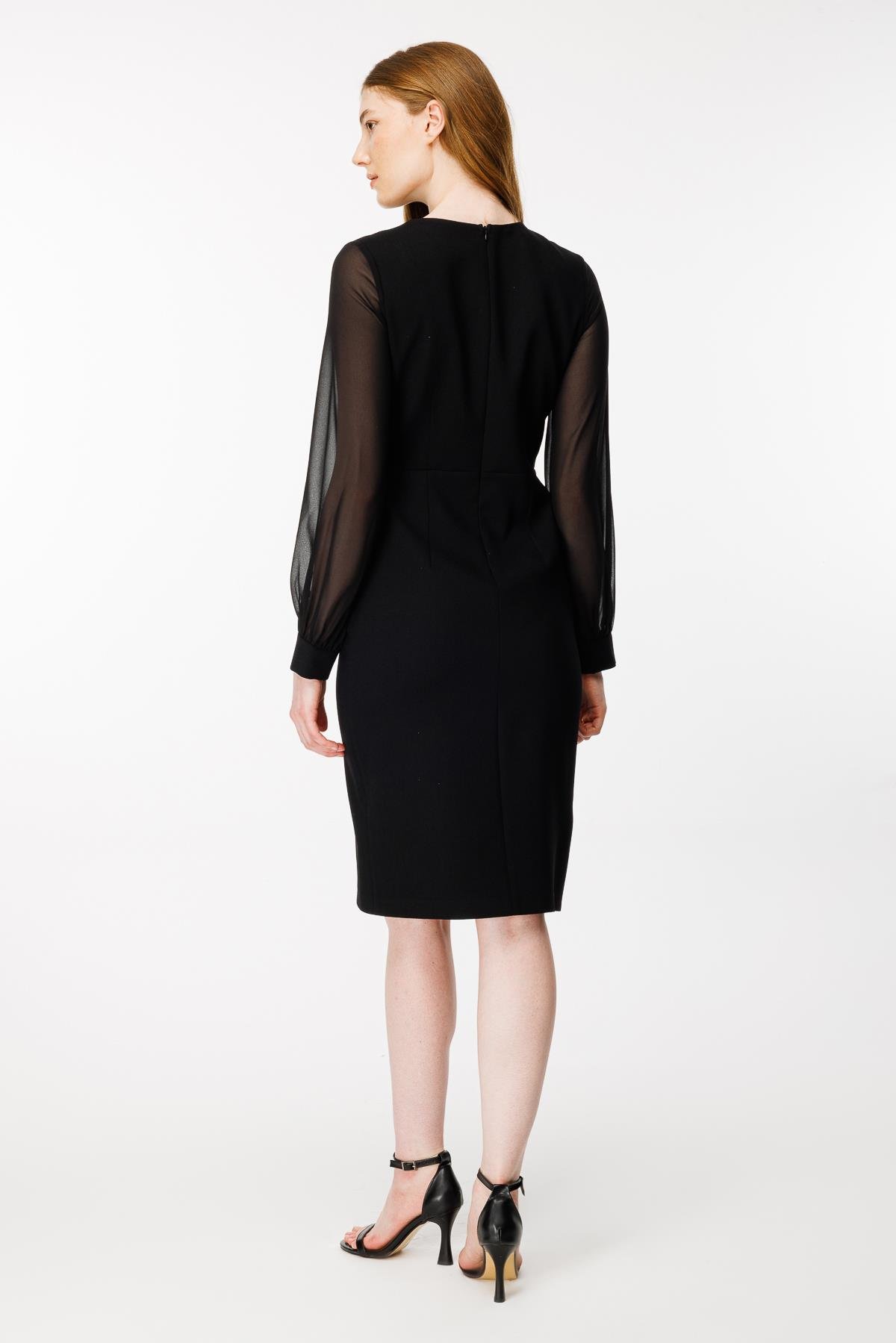 Kruvaze Yaka Kolları Şifon Önü Parlak Taş Detaylı Abiye - SİYAH