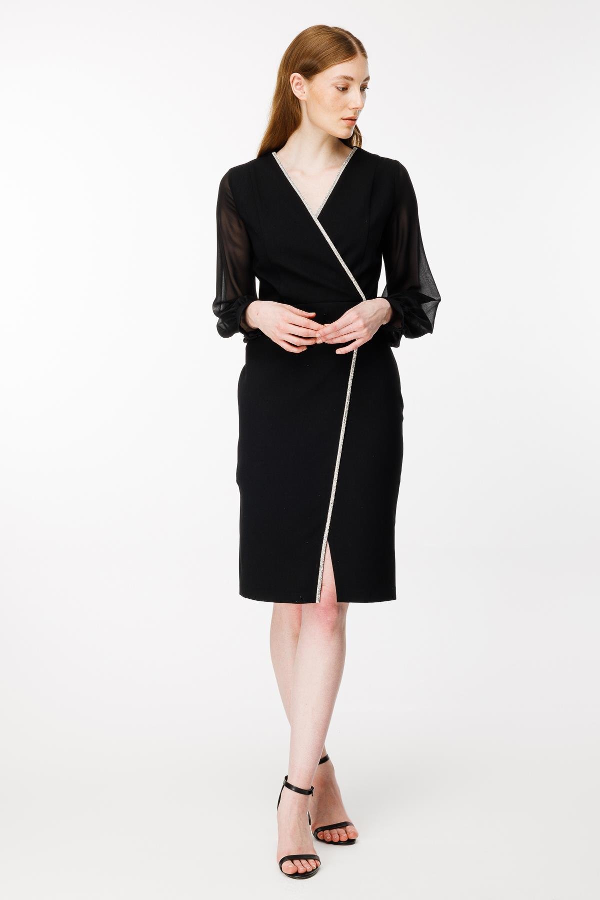 Kruvaze Yaka Kolları Şifon Önü Parlak Taş Detaylı Abiye - SİYAH