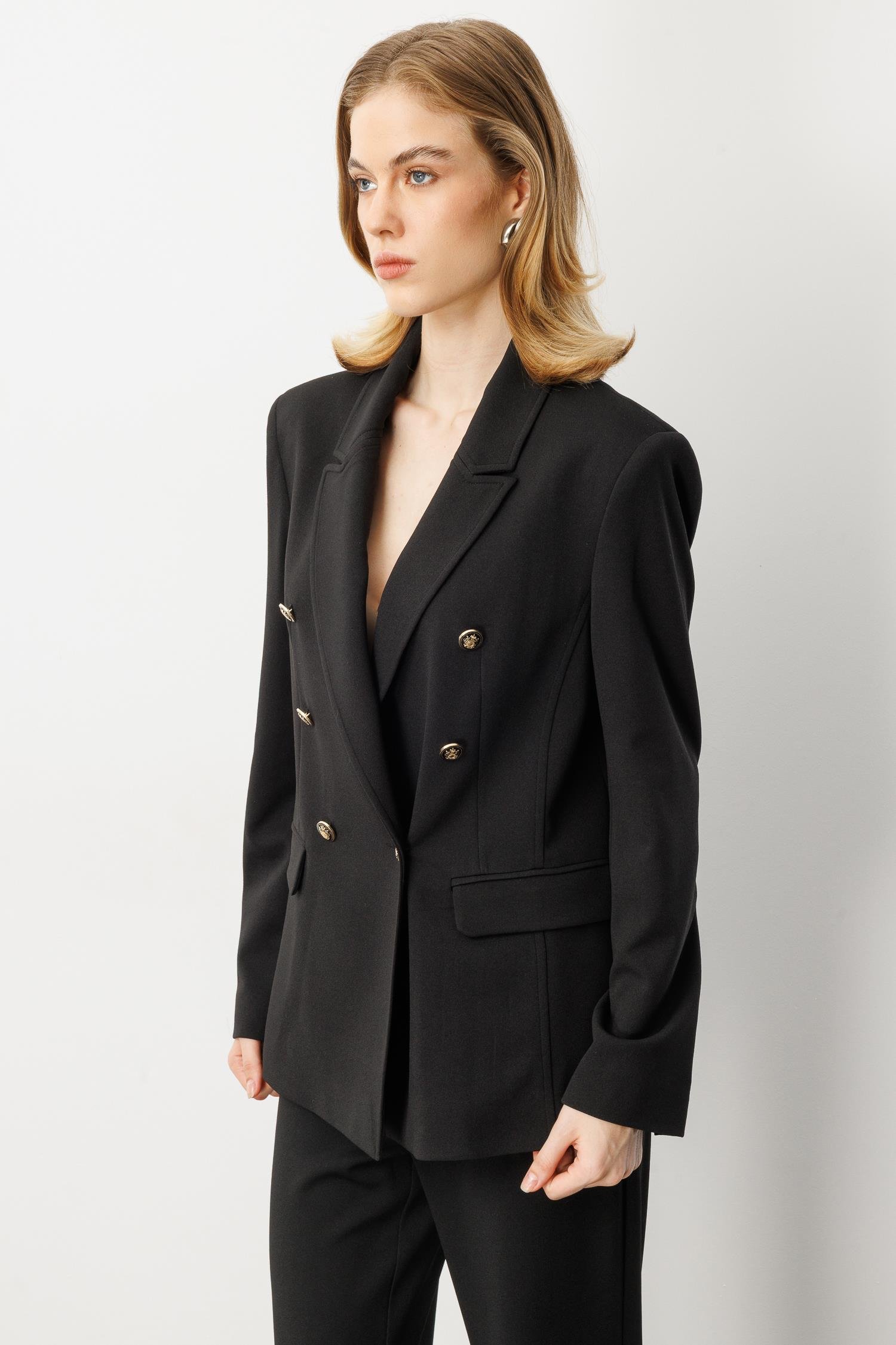 Kruvaze Yaka Krep Ceket-SİYAH