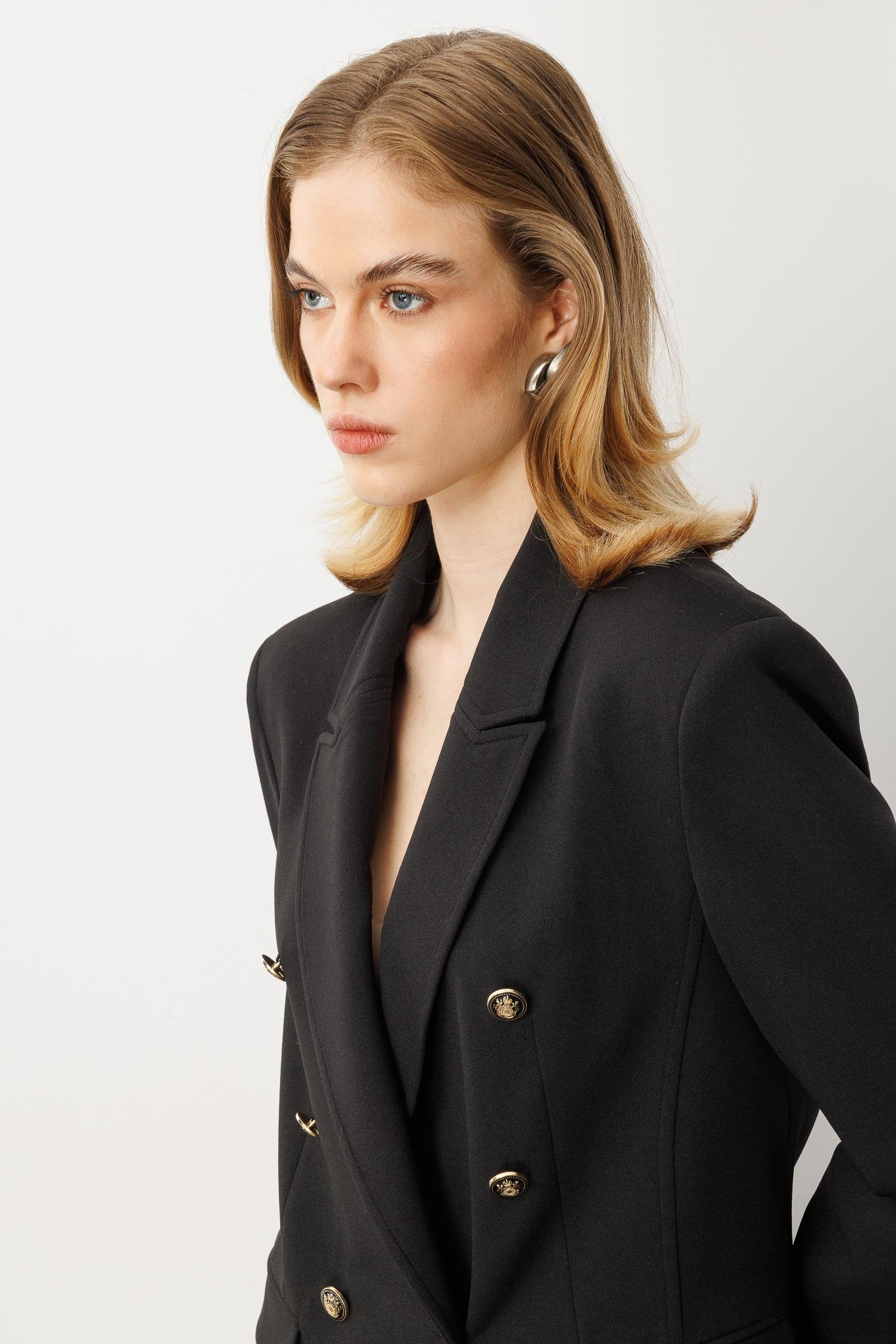 Kruvaze Yaka Krep Ceket-SİYAH