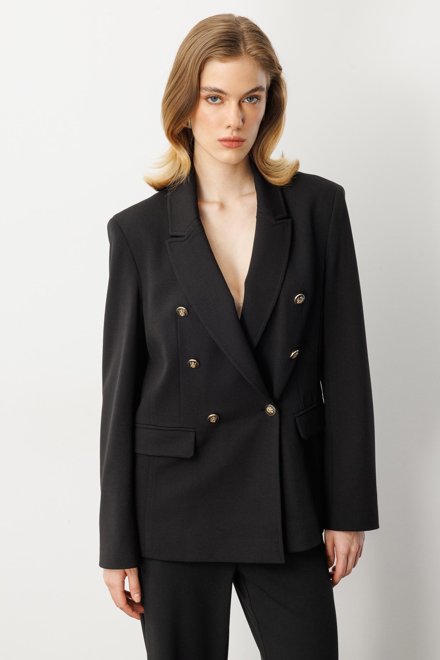 Kruvaze Yaka Krep Ceket-SİYAH