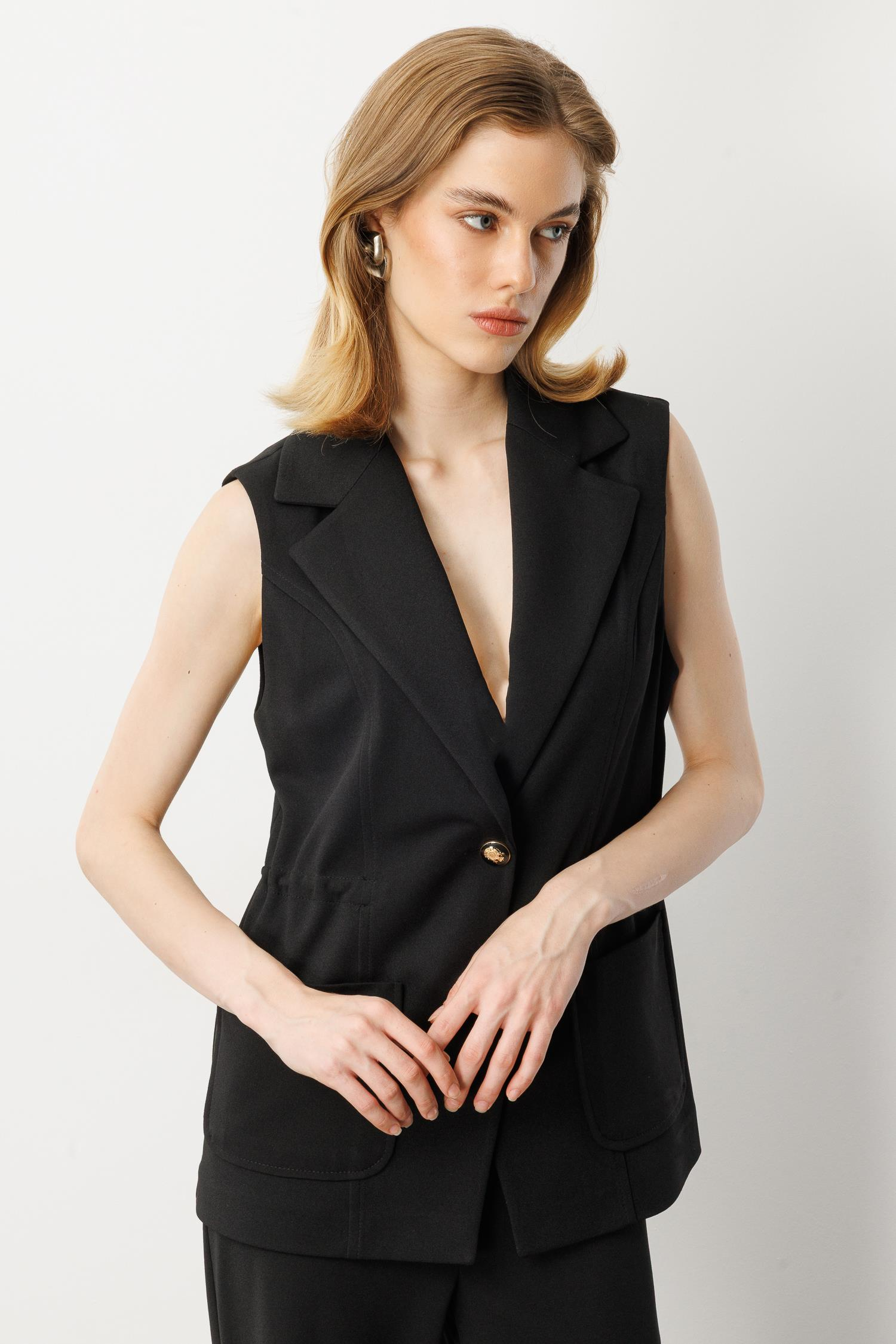 Kruvaze Yaka Krep Yelek-SİYAH