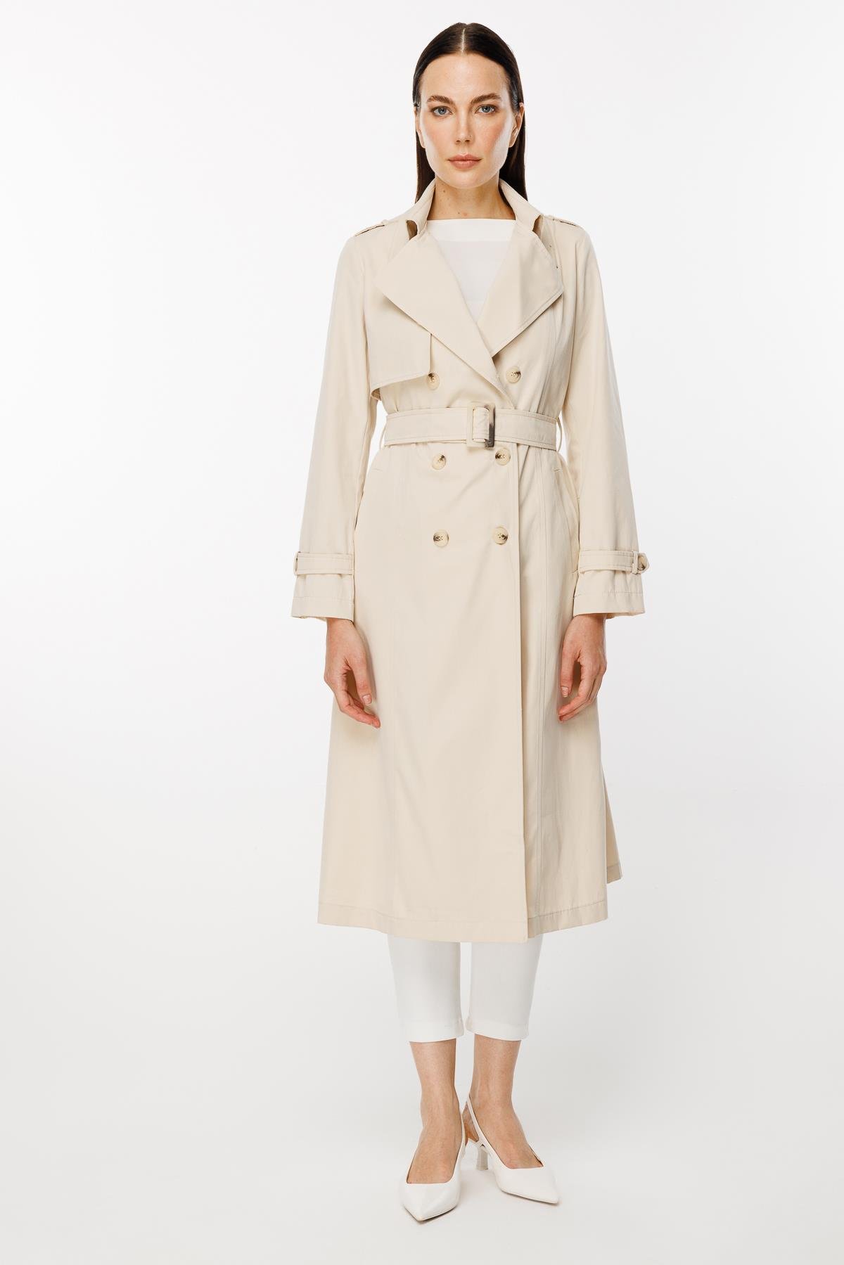 Kruvaze Yaka Kuşaklı Trençkot - BEJ