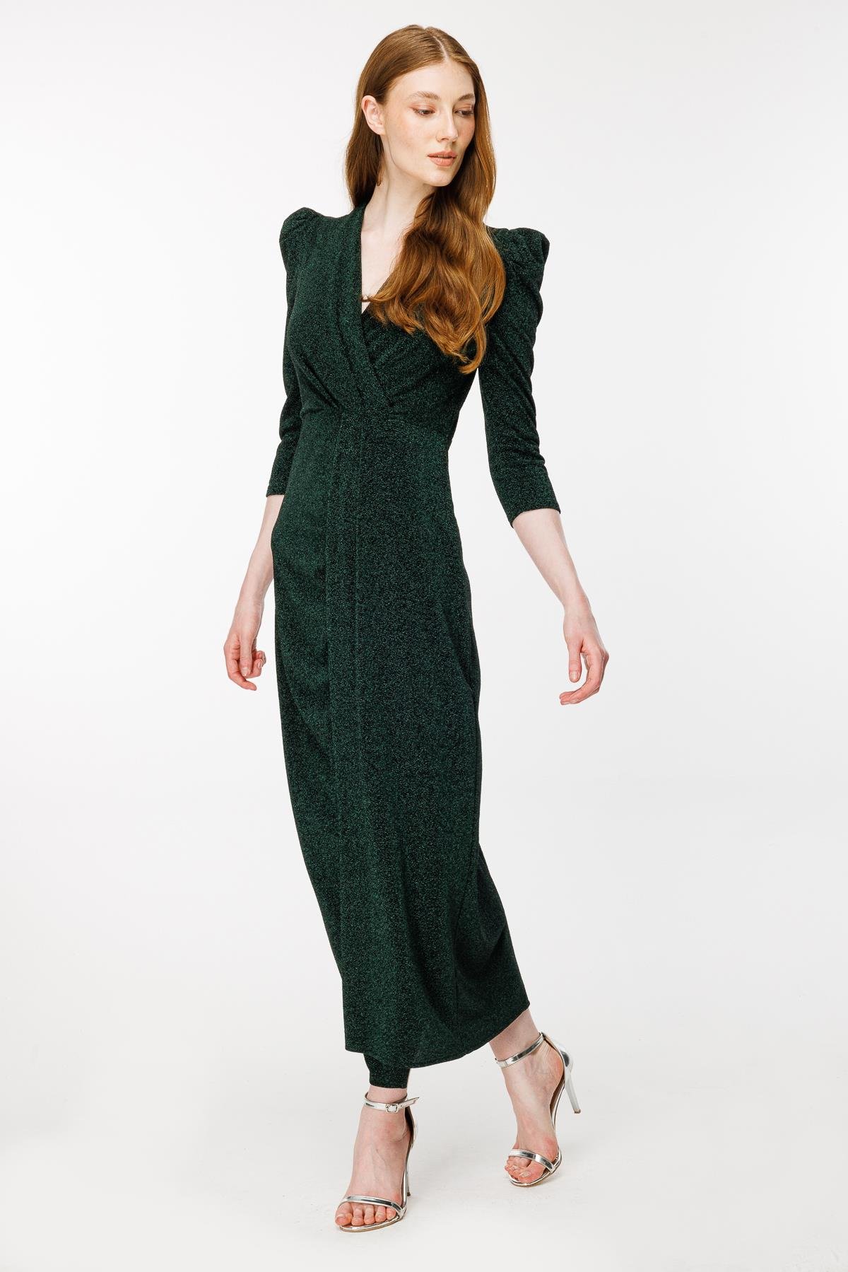 Kruvaze Yaka Sim Ve Yırtmaç Detaylı Abiye - ZÜMRÜT