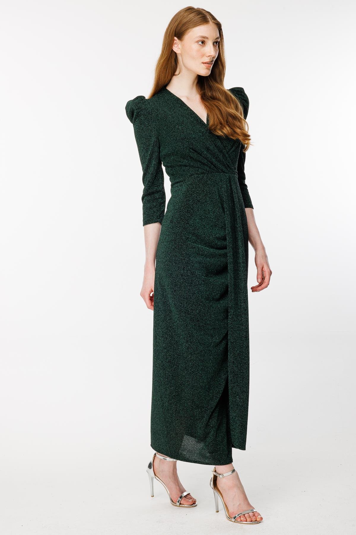 Kruvaze Yaka Sim Ve Yırtmaç Detaylı Abiye - ZÜMRÜT