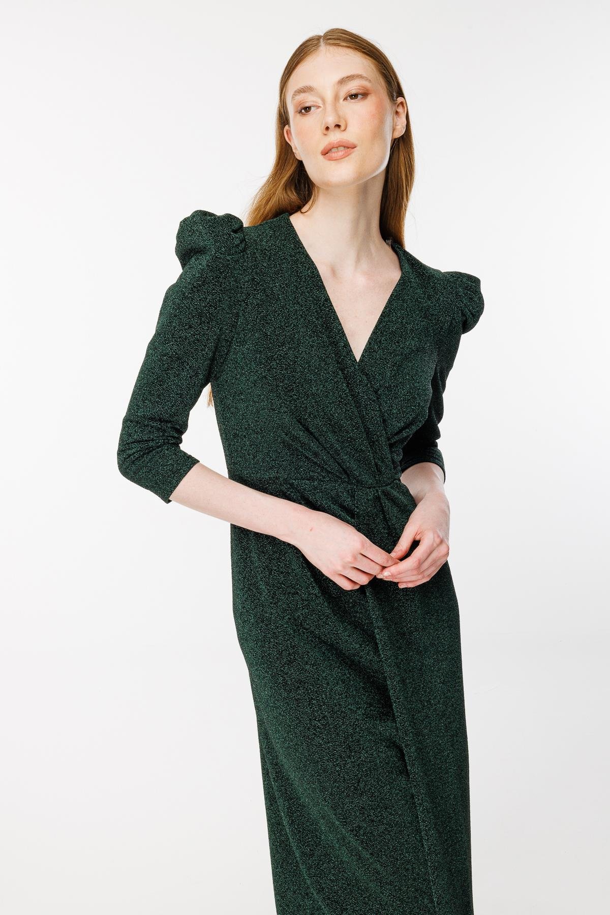 Kruvaze Yaka Sim Ve Yırtmaç Detaylı Abiye - ZÜMRÜT