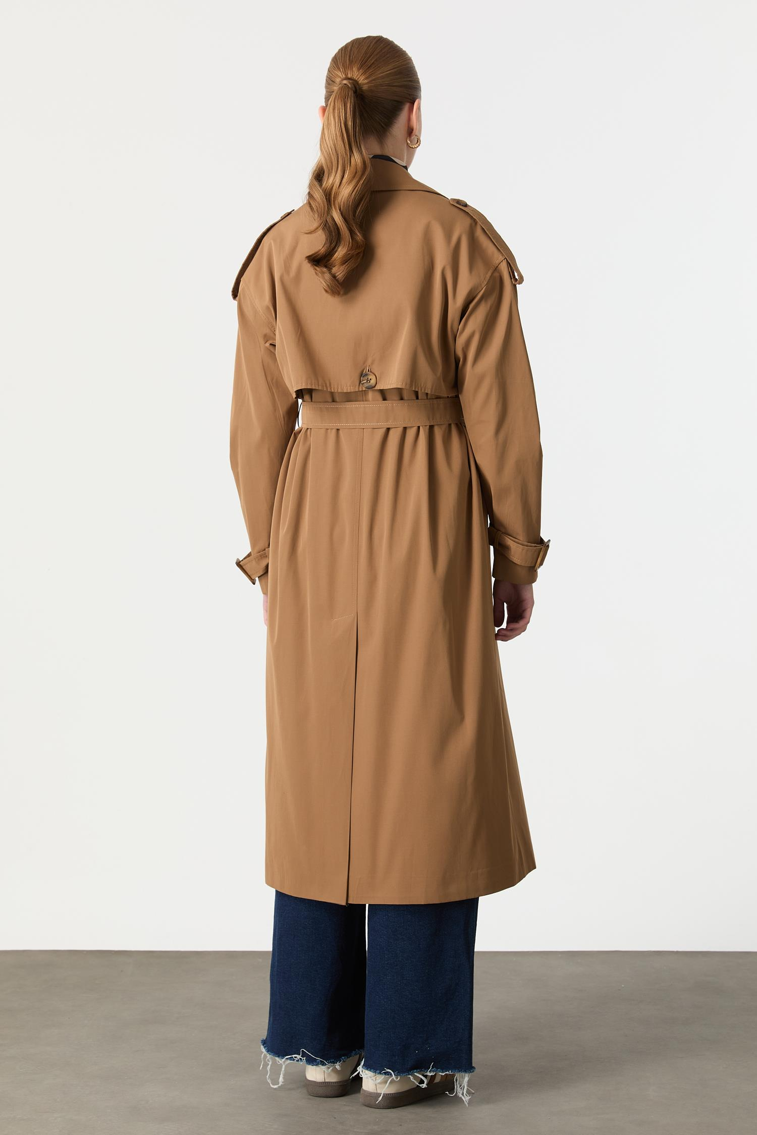 Kruvaze Yaka Uzun Kaşe Kaban-CAMEL