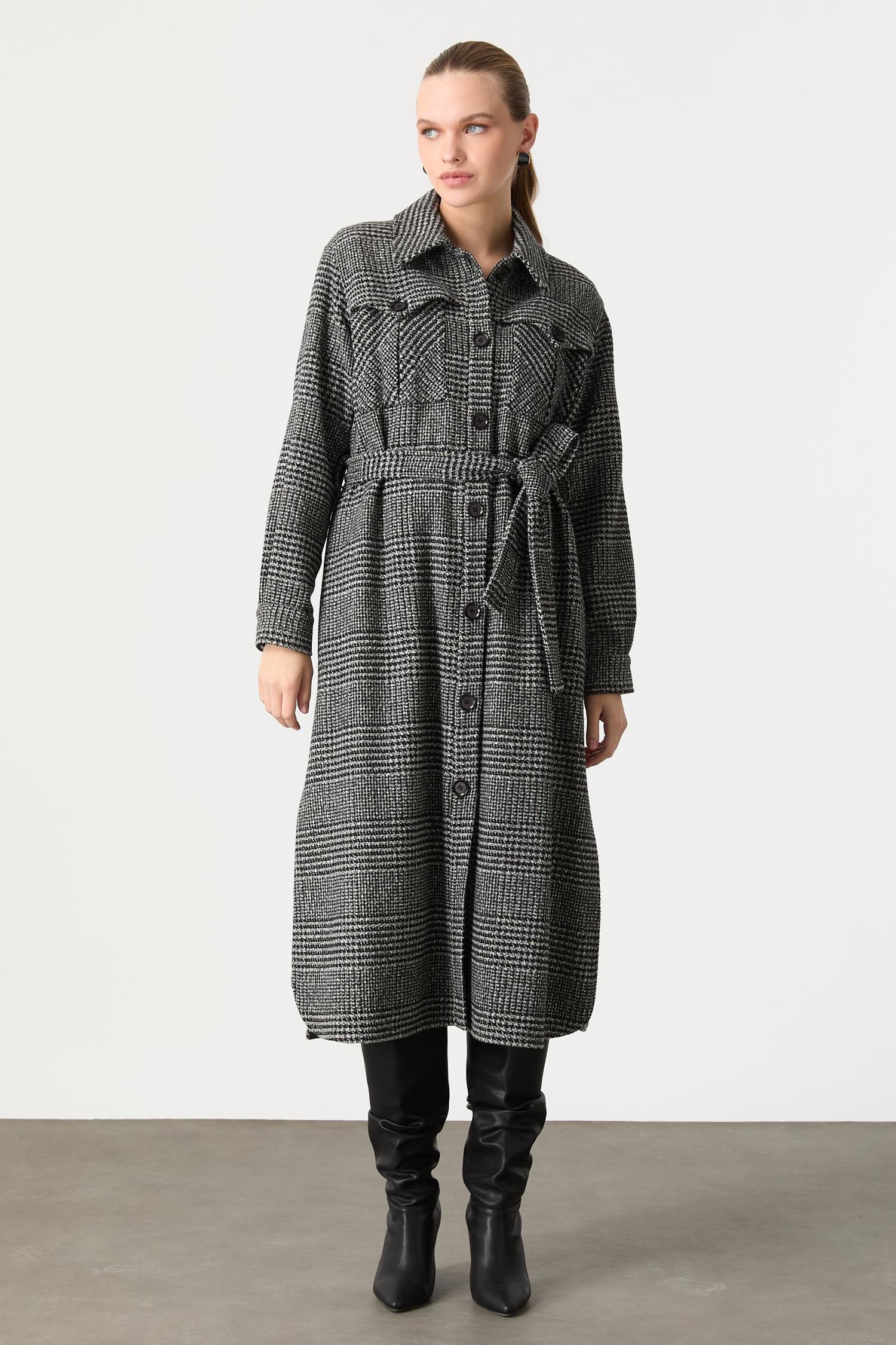 Kruvaze Yaka Uzun Kaşe Kaban-GRİ