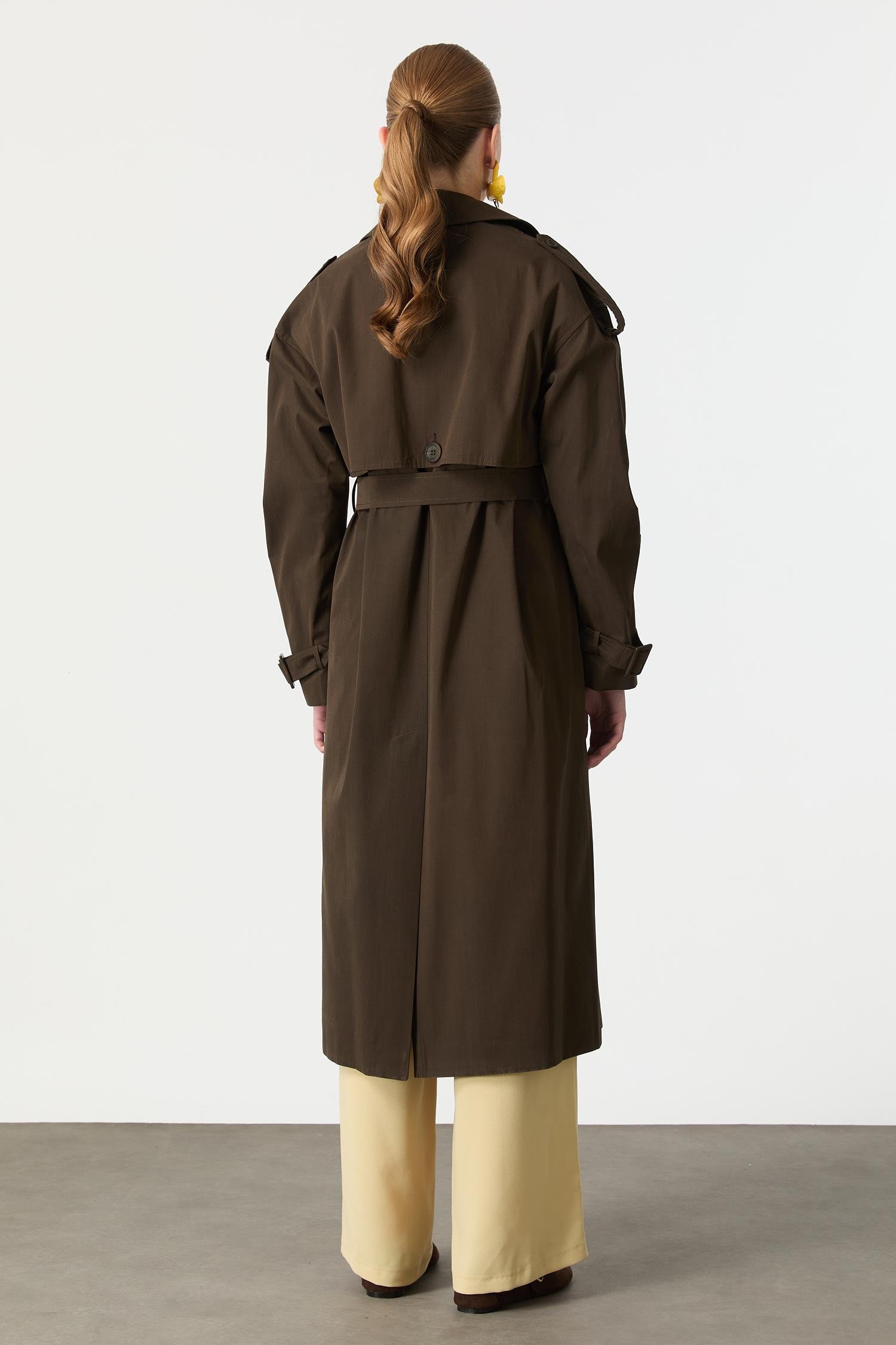 Kruvaze Yaka Uzun Kaşe Kaban-HAKİ