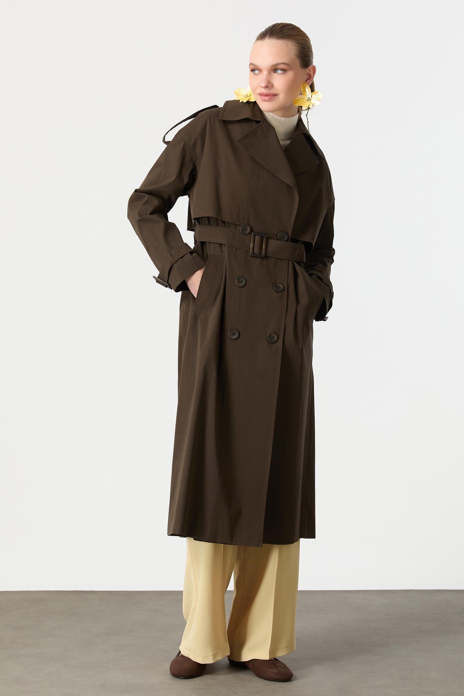 Kruvaze Yaka Uzun Kaşe Kaban-HAKİ