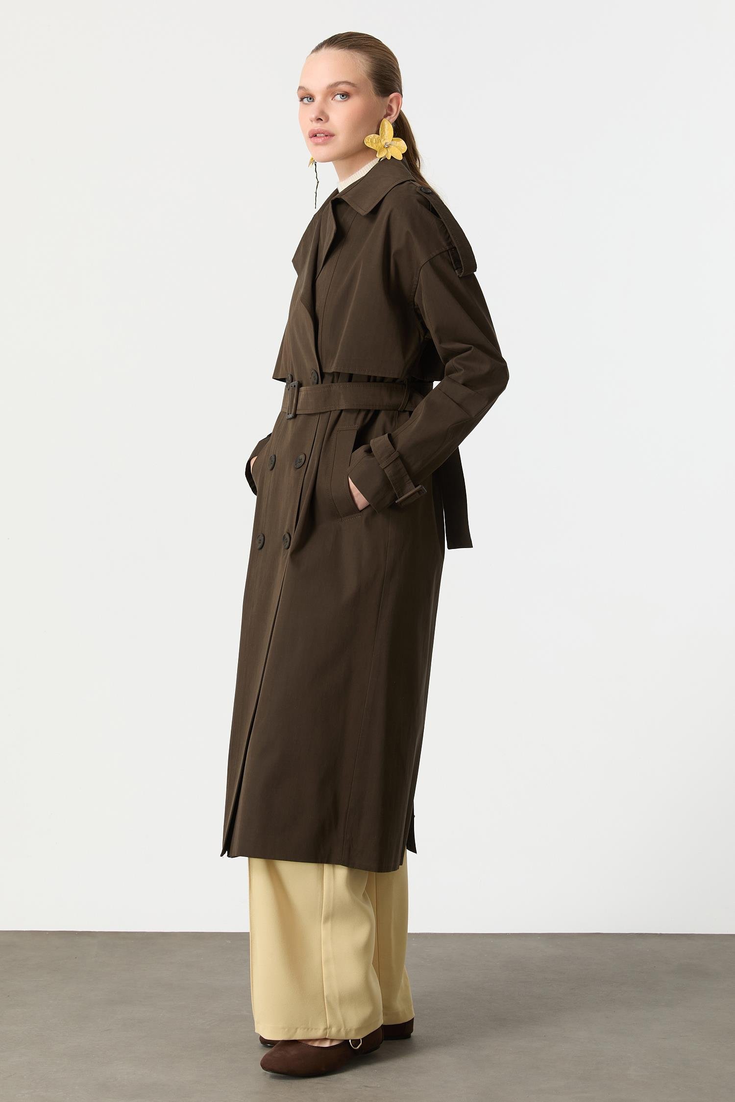 Kruvaze Yaka Uzun Kaşe Kaban-HAKİ