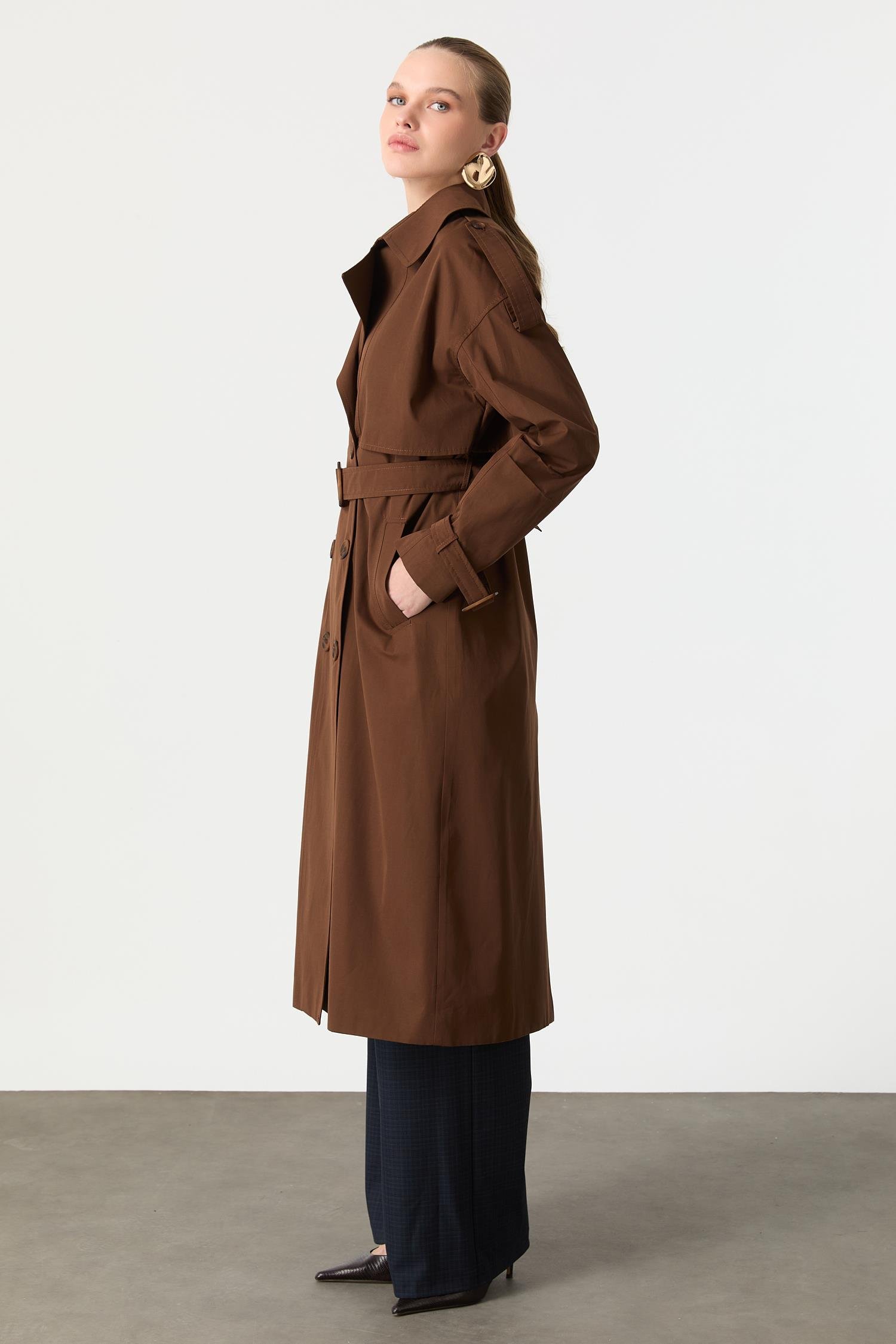 Kruvaze Yaka Uzun Kaşe Kaban-KAHVE