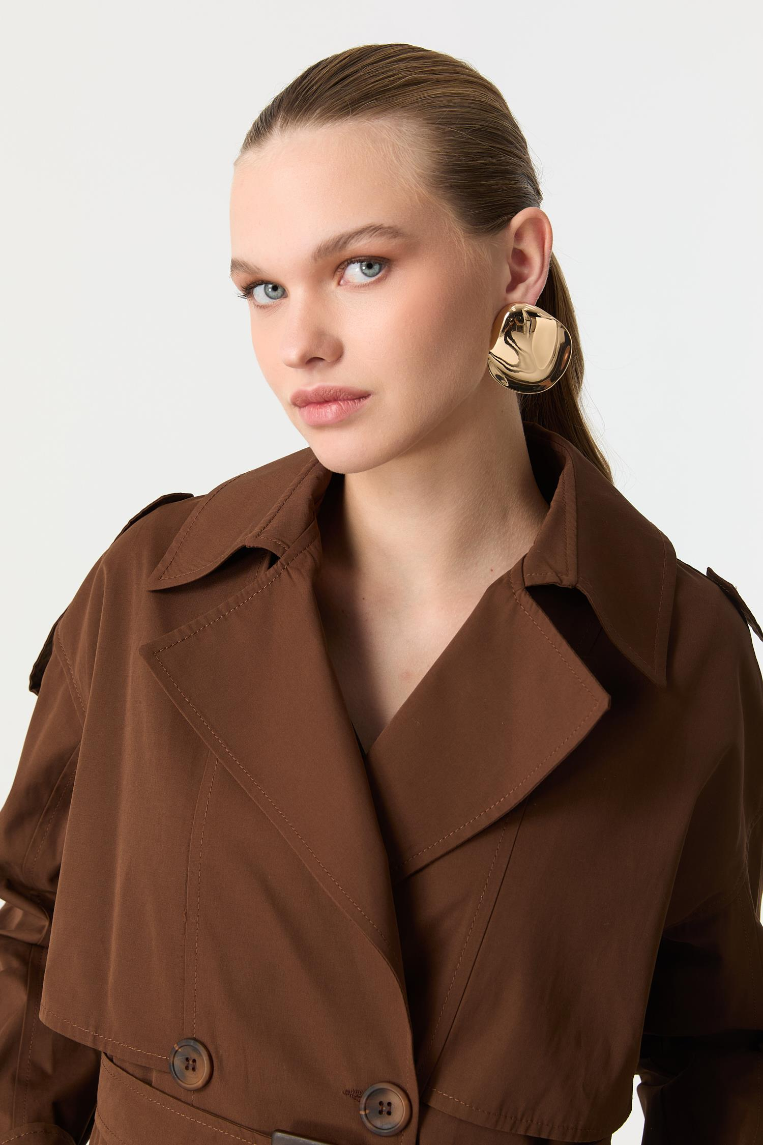 Kruvaze Yaka Uzun Kaşe Kaban-KAHVE