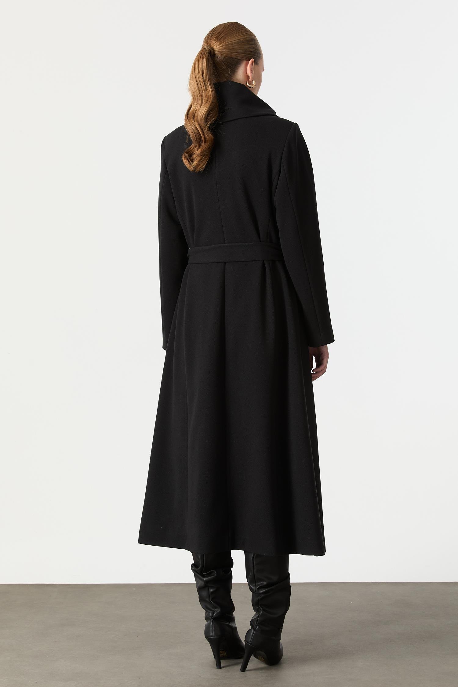 Kruvaze Yaka Uzun Kaşe Kaban-SİYAH