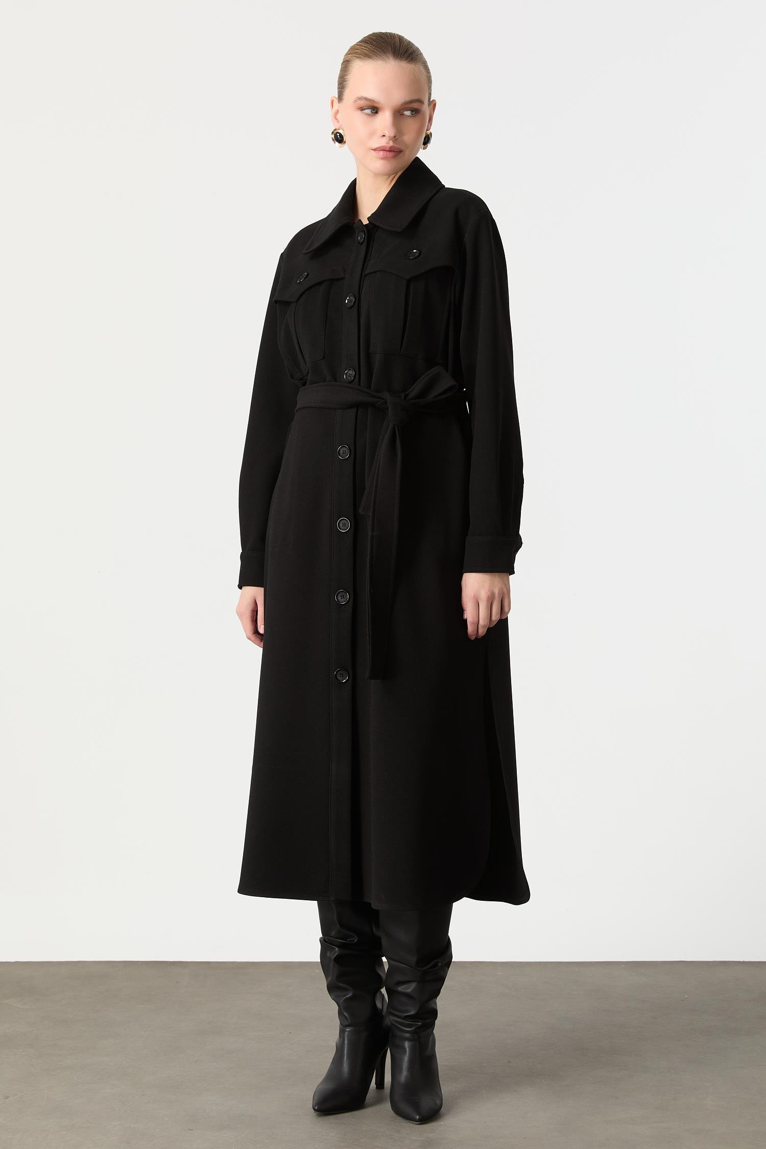 Kruvaze Yaka Uzun Kaşe Kaban-SİYAH