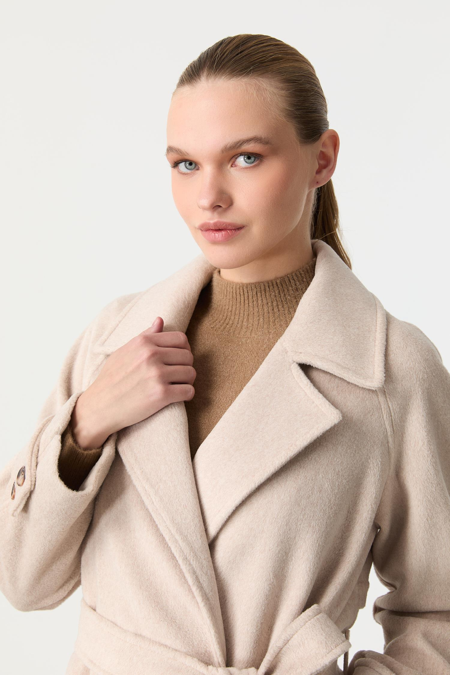 Kruvaze Yaka Uzun Kaşe Kaban-VİZON