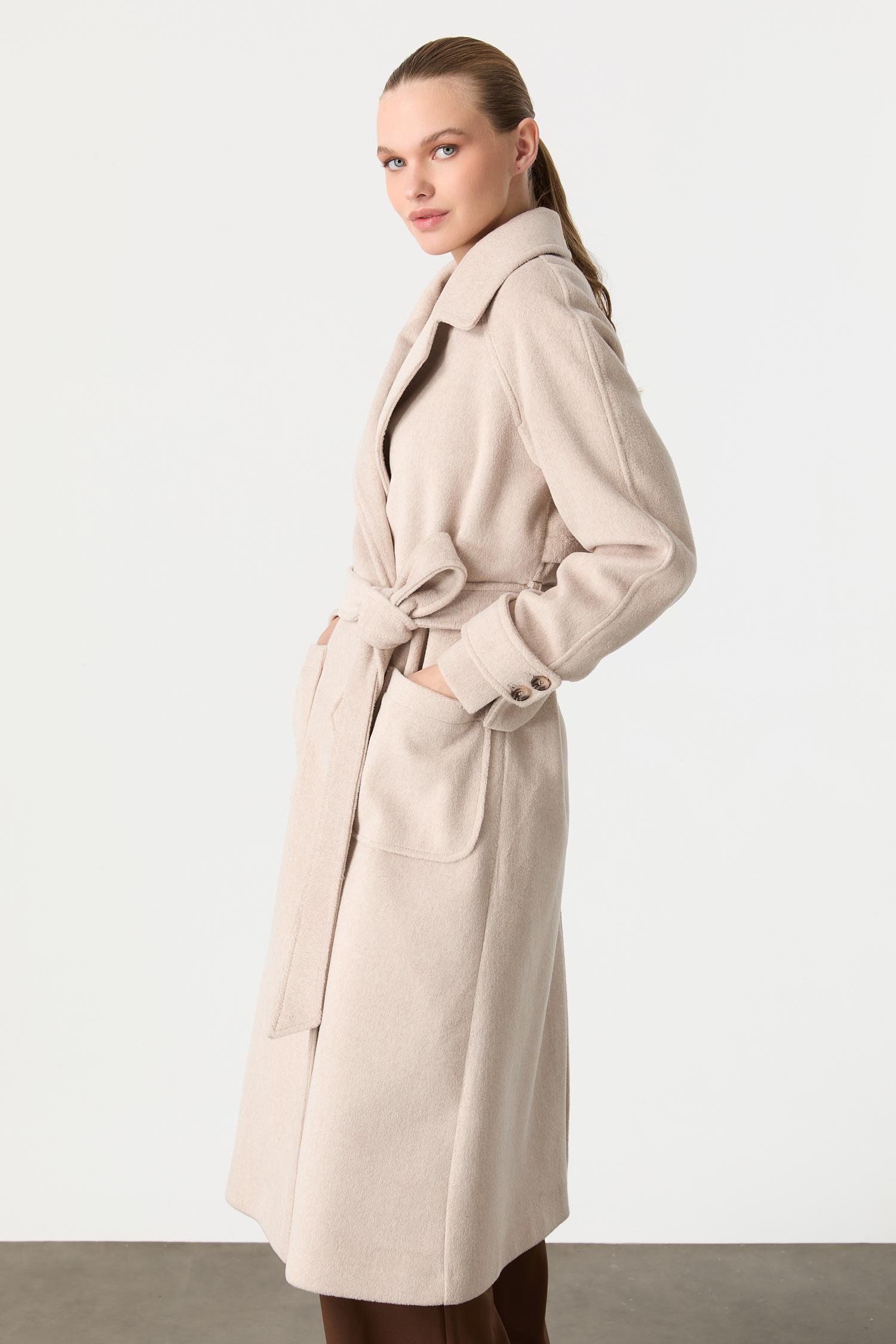 Kruvaze Yaka Uzun Kaşe Kaban-VİZON