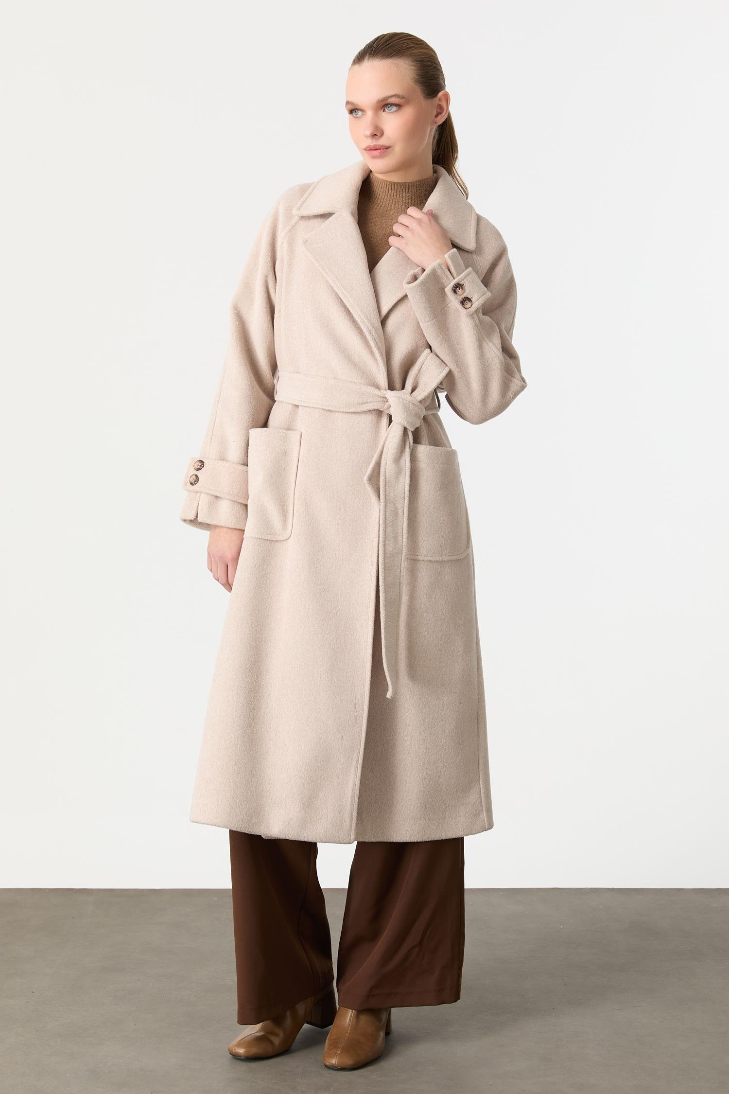 Kruvaze Yaka Uzun Kaşe Kaban-VİZON