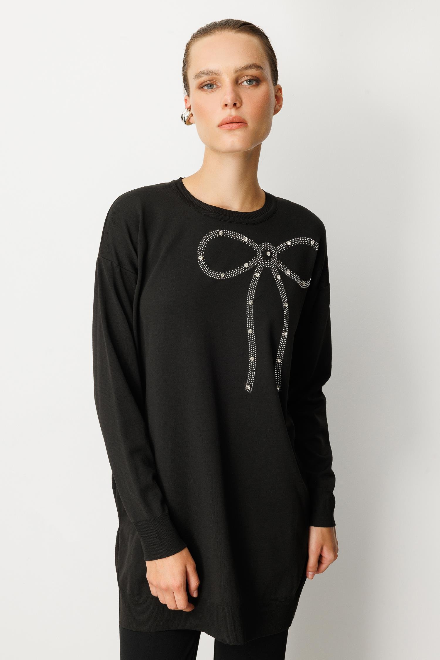 Kurdele Taş Detaylı Triko Tunik-SİYAH