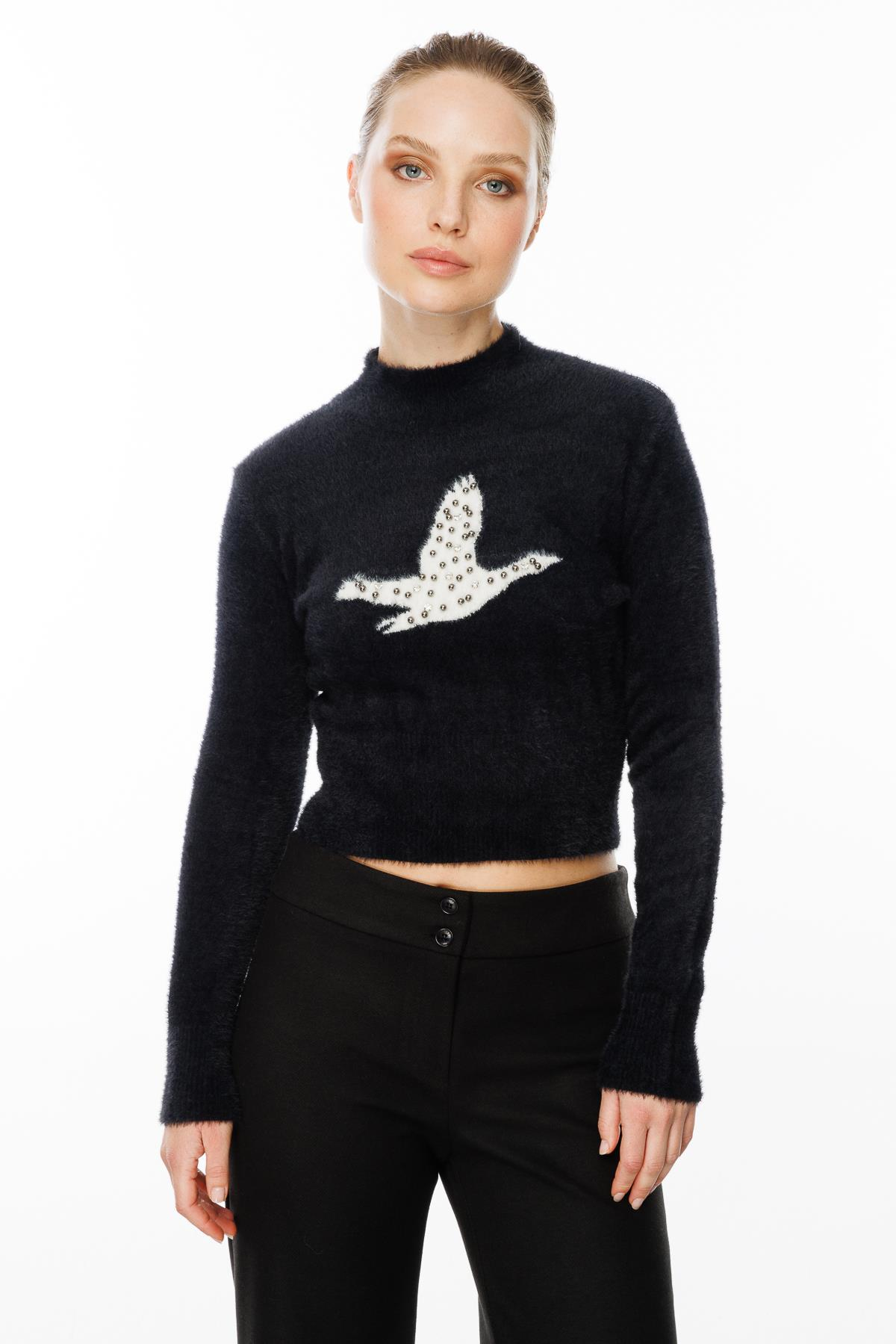 Kuş Detaylı Crop Kazak