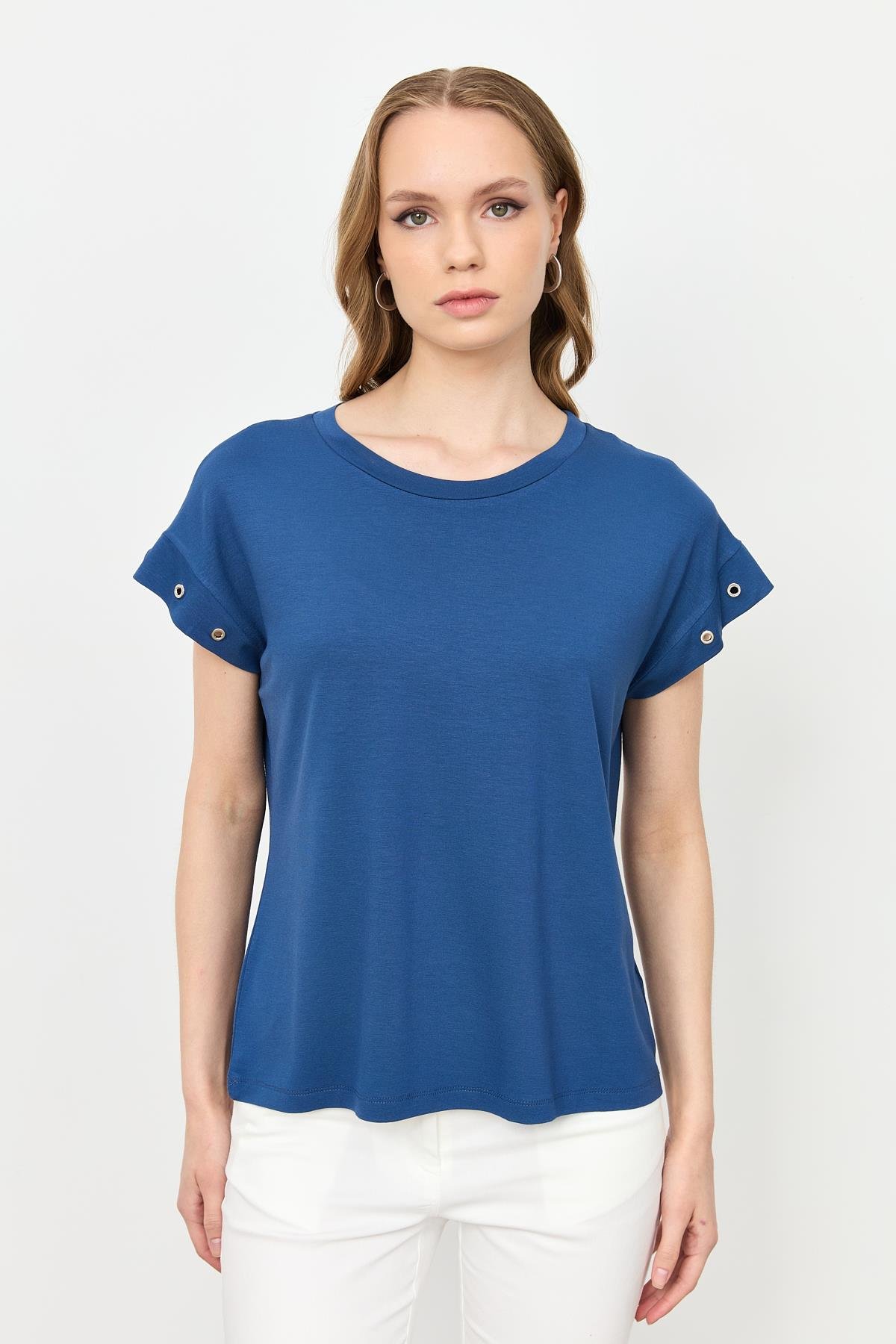 Kuş Gözü Detay Penye Bluz-İNDİGO