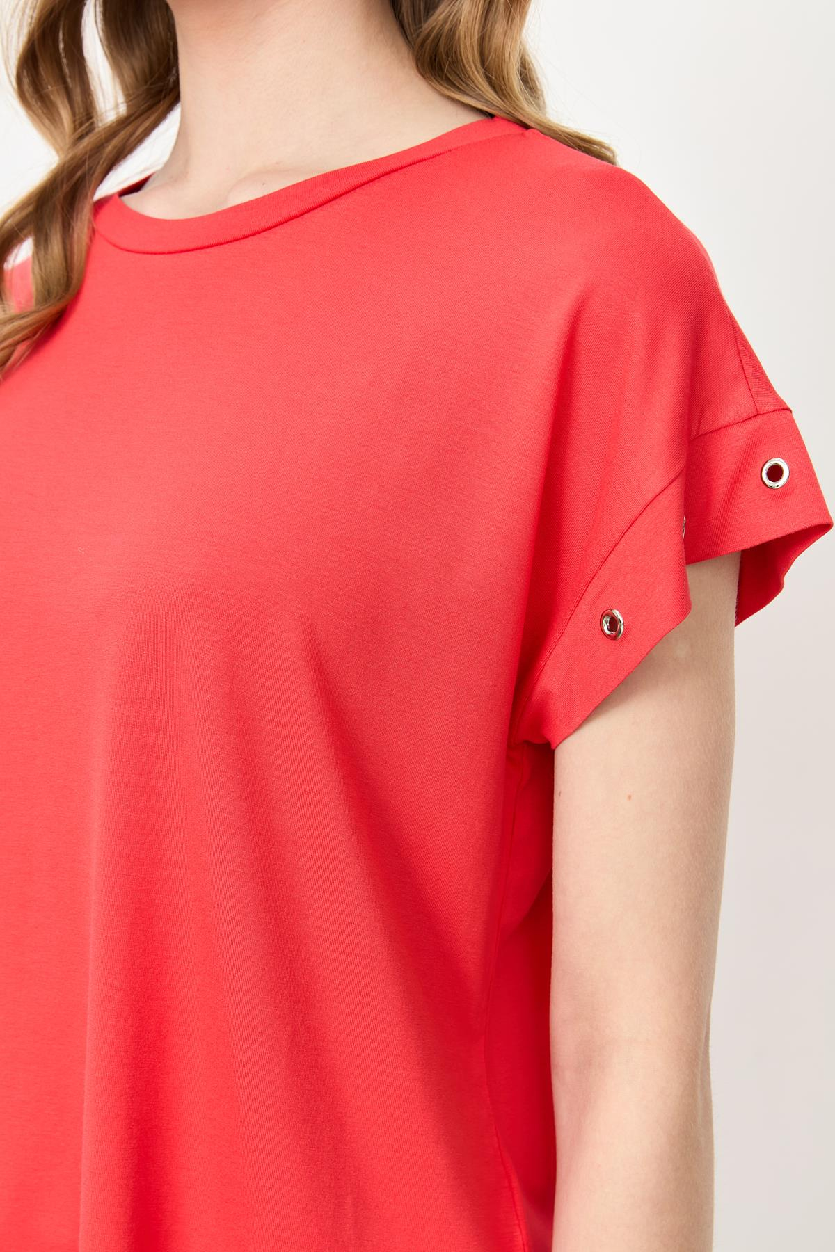 Kuş Gözü Detay Penye Bluz-KIRMIZI