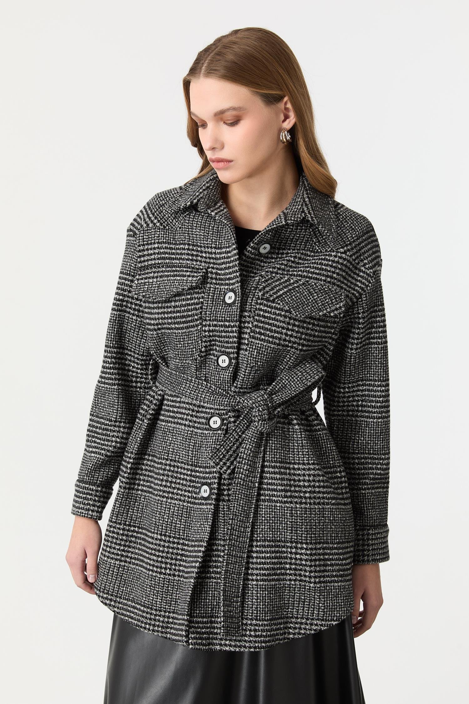 Kuşak Detaylı Ekose Ceket-SİYAH/BEYAZ